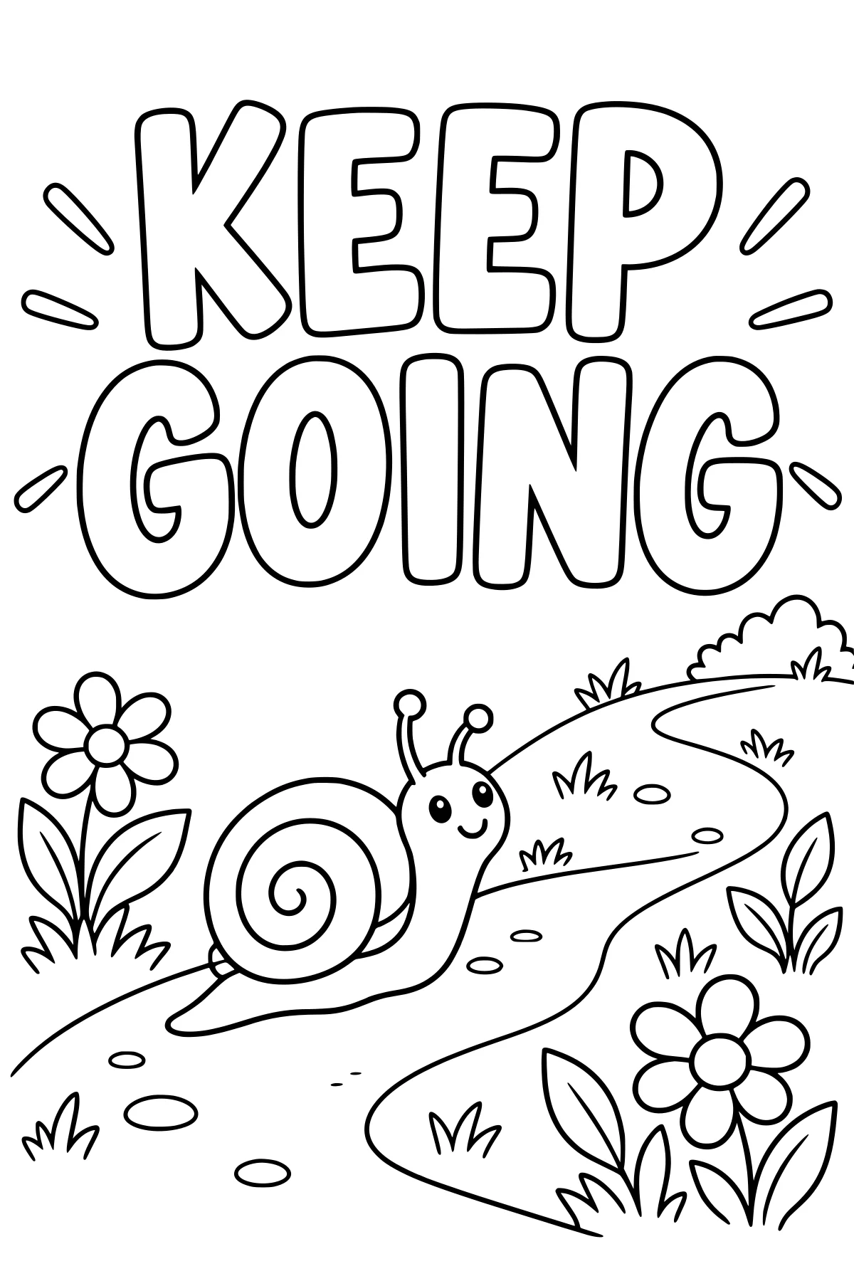 Keep Going lettering above a snail on a winding flower path