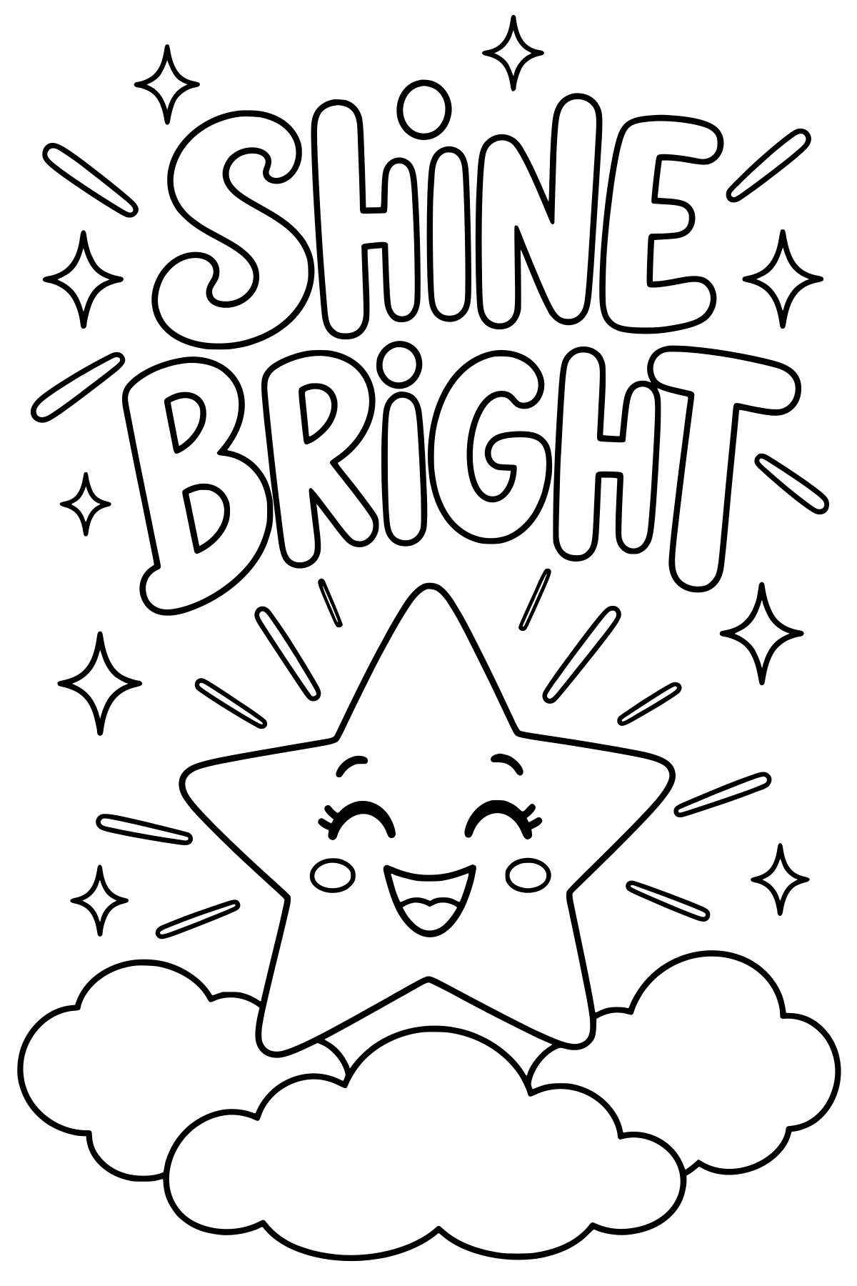 Shine Bright lettering above a smiling star, clouds and sparkles