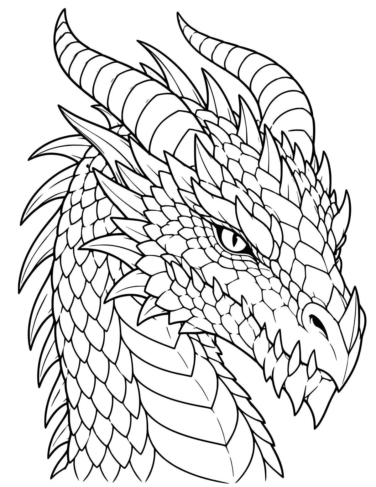 Close-up line art of a dragon head and neck with layered scales, curved horns, sharp spikes, a slit-pupil eye, and broad throat plates.