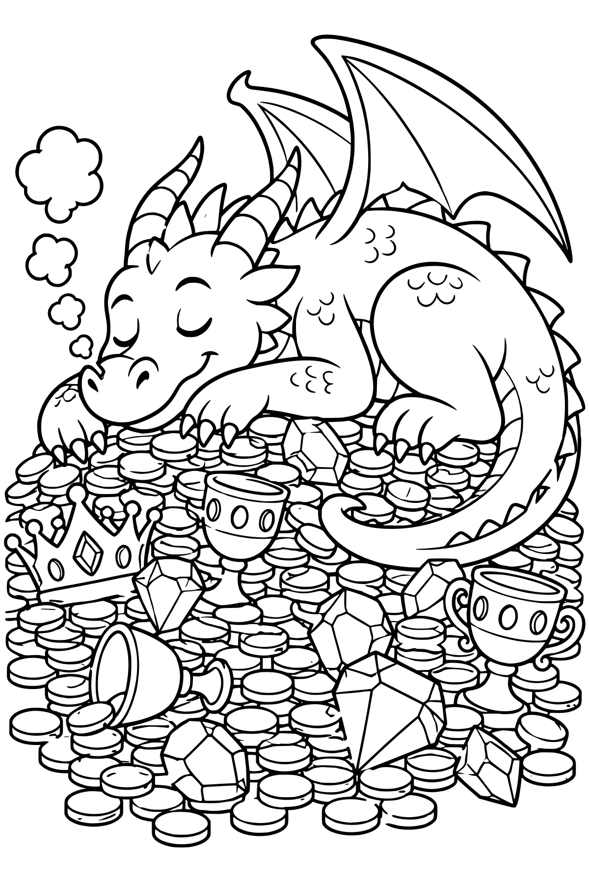 Sleeping winged dragon curled over a treasure mound of coins, gems, a crown, and goblets, with small puffs near its nose.