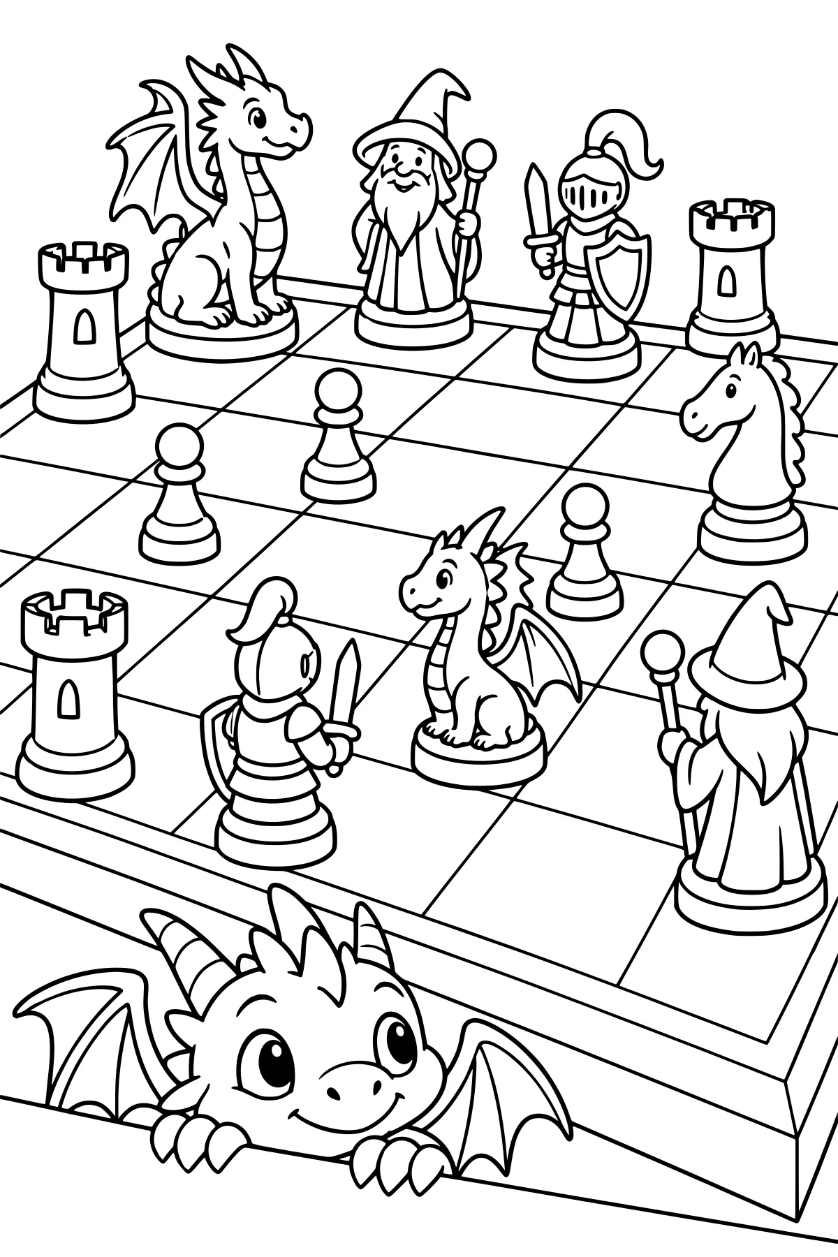 Fantasy chessboard with dragon, wizard, armored knight, rook, and pawn pieces, plus a horned dragon peering over the near edge.