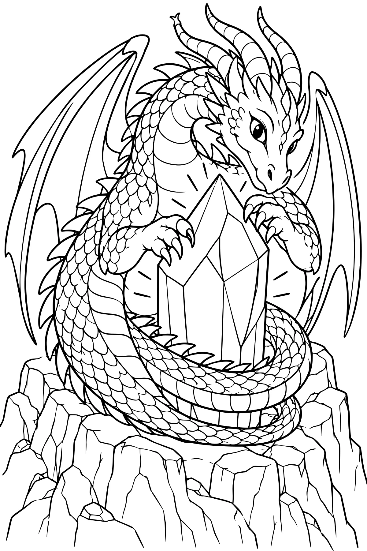 Horned dragon with broad wings and layered scales curled around a large faceted crystal on a jagged rocky ledge.