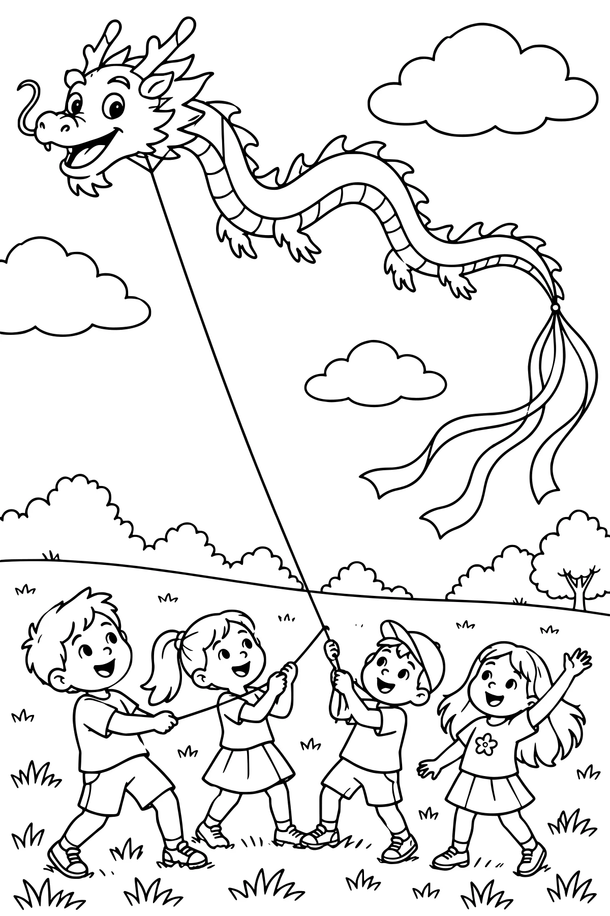 Children flying a long dragon-shaped kite above a grassy field with clouds, shrubs, and trees in the background.
