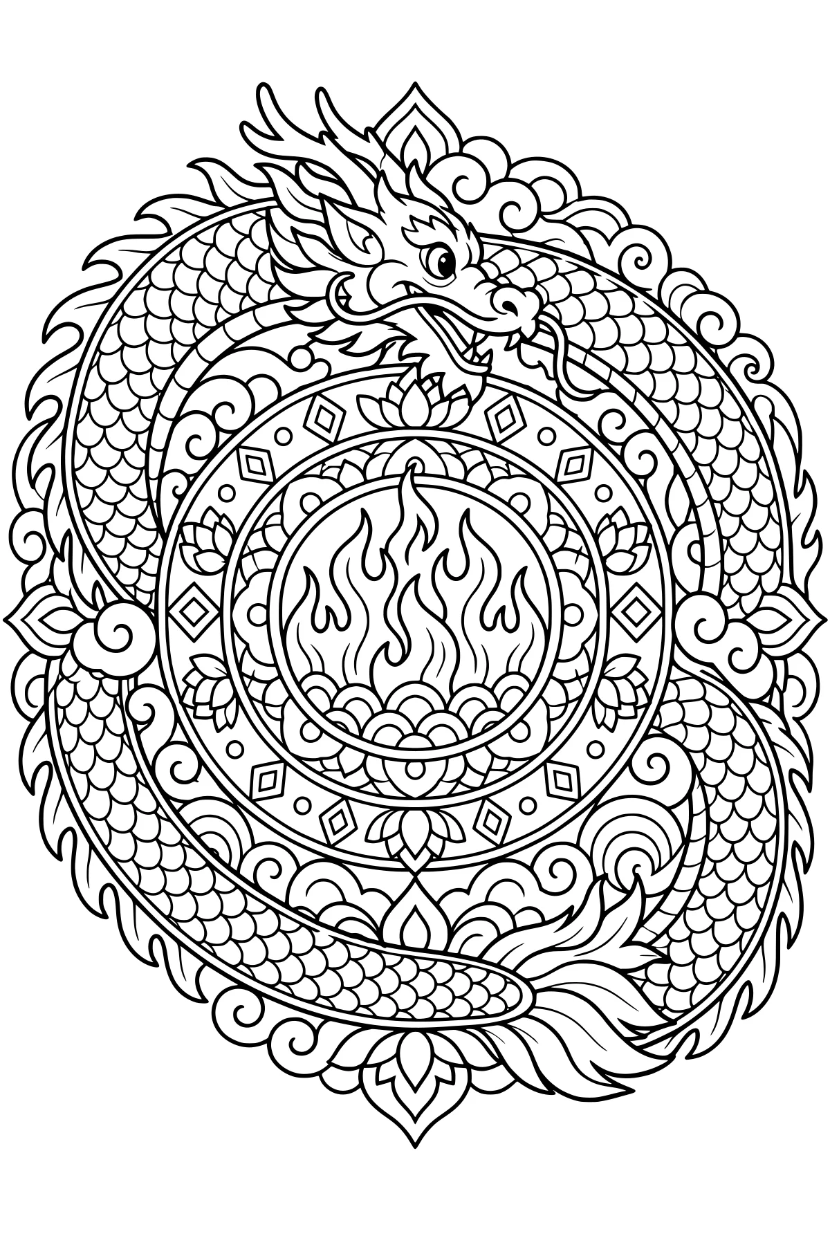 Coiled dragon surrounding a circular mandala filled with flames, scales, curling clouds, lotus-like petals, and geometric motifs.