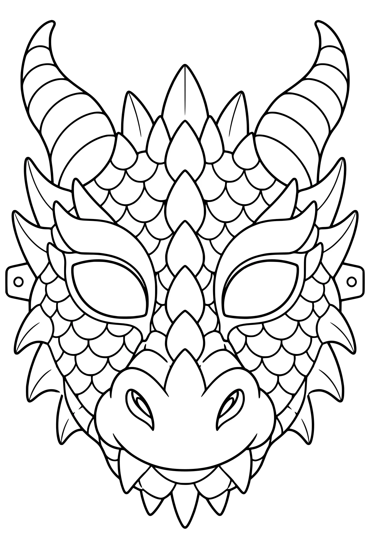 Front-facing dragon mask line art with curved horns, layered scales, pointed spikes, large eye openings, a broad snout, and side tabs.