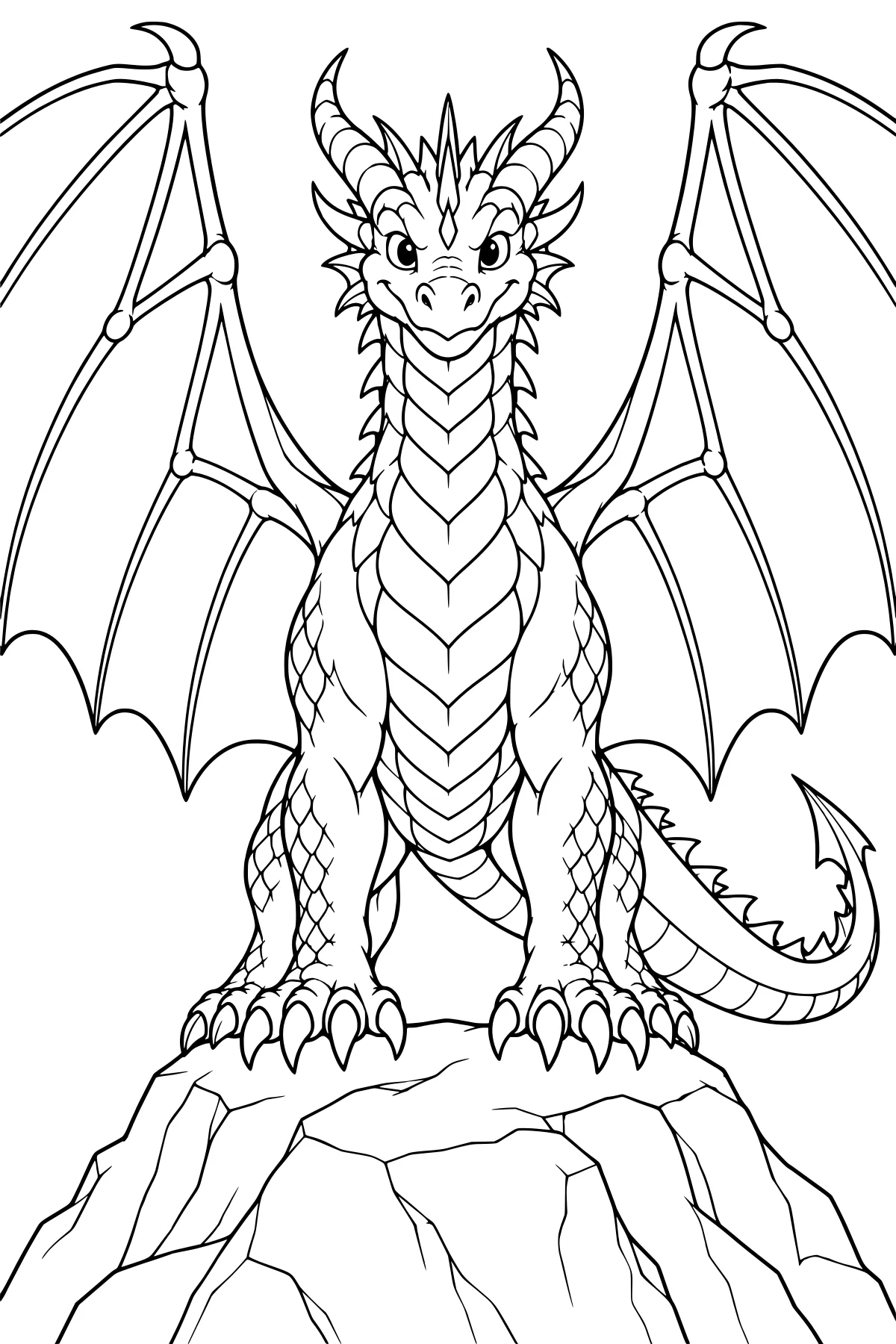 Front-facing horned dragon standing on a jagged rock, with broad wings extended, layered chest scales, sharp claws, facial spikes, and a curled tail.