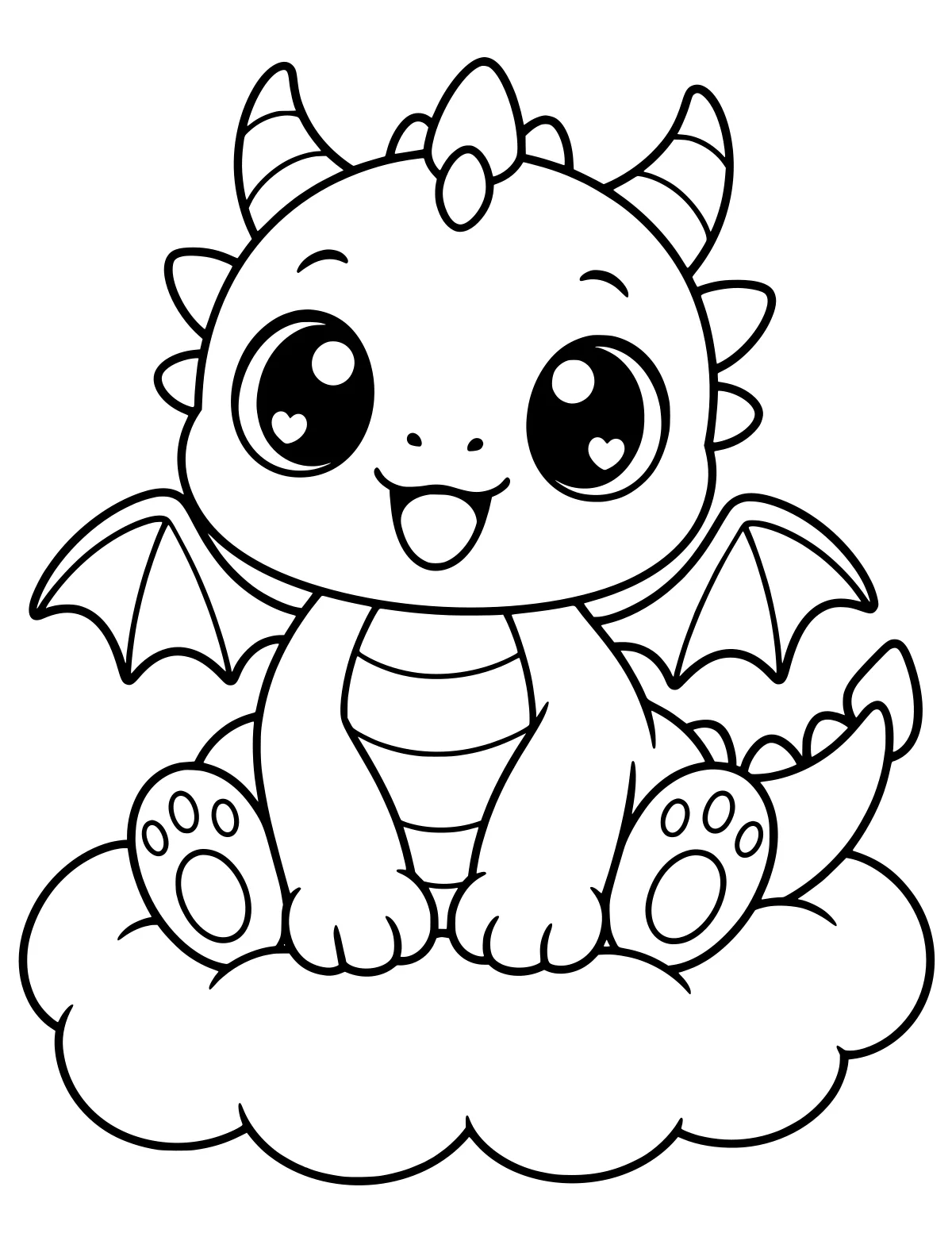 Round dragon sitting on a cloud with large sparkling eyes, striped horns, small wings, belly plates, paw pads, and a curled tail with pointed scales.