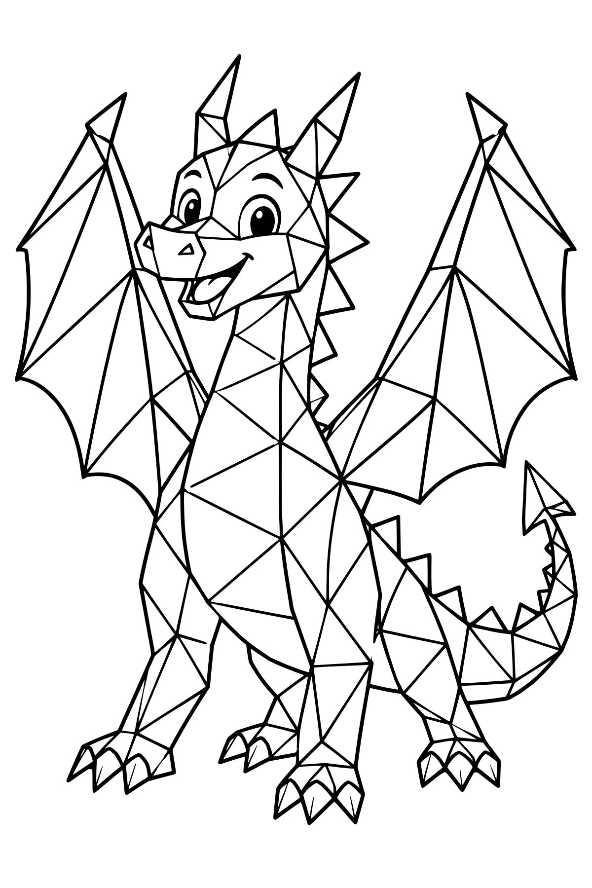 Winged dragon with an open mouth, curved tail, pointed horns, clawed feet, back spikes, and angular sections across its body