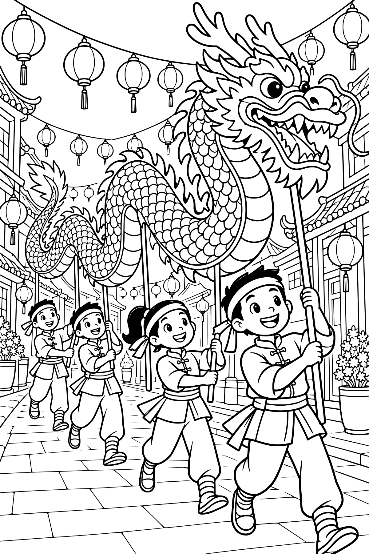 Performers carrying a long dragon puppet on poles along a lantern-lined street with traditional buildings and flower pots.