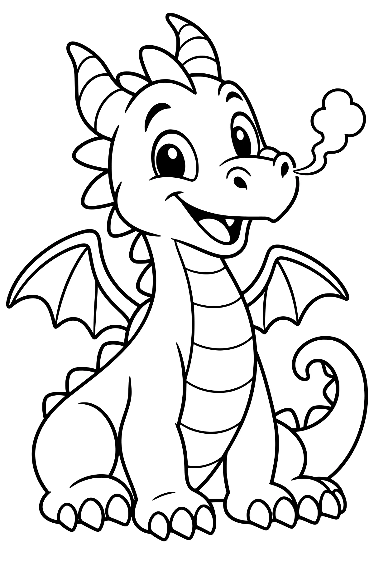 Cartoon dragon sitting with raised batlike wings, striped horns, back spikes, clawed feet, a segmented belly, curled tail, and a puff near its nostril.