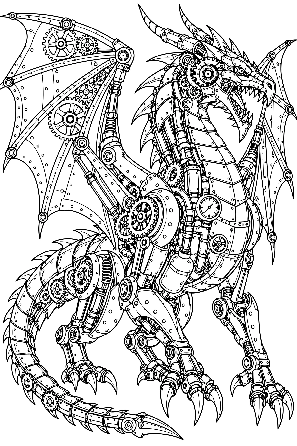 Mechanical dragon with spread wings, curved horns, open jaws, armored plates, exposed gears, pipes, pistons, sharp claws, and a segmented tail