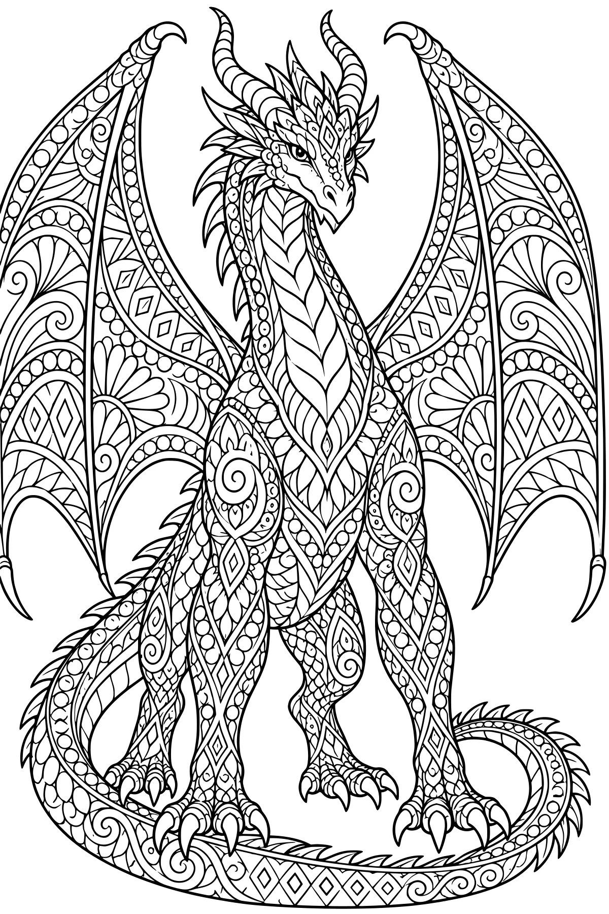 Standing dragon with raised patterned wings, curved horns, clawed feet, and a long curling tail filled with intricate swirls, scales, diamonds, and leaf motifs.