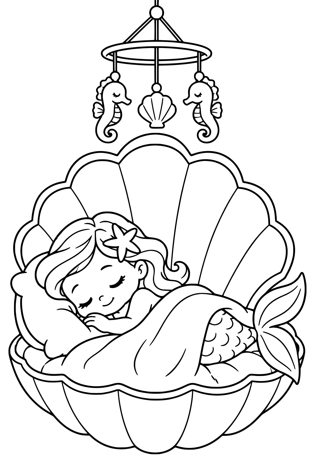 Baby mermaid resting under a blanket in an open shell cradle, with a starfish hair accessory, scaled tail, seahorse mobile, and hanging shell ornament.