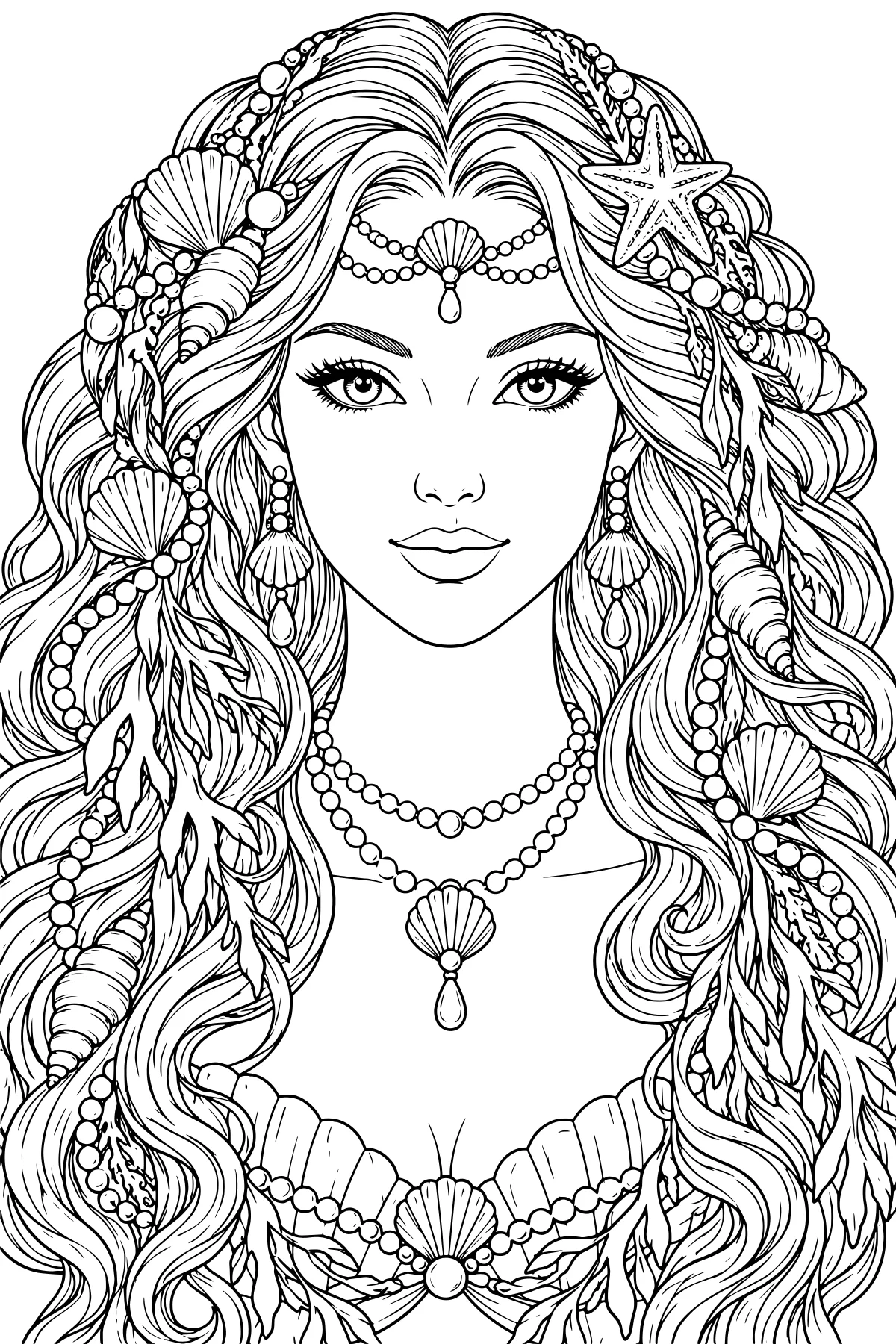 Front-facing mermaid portrait with long flowing hair, shells, a starfish, seaweed, pearl strands, earrings, necklaces, and a shell-trimmed top.