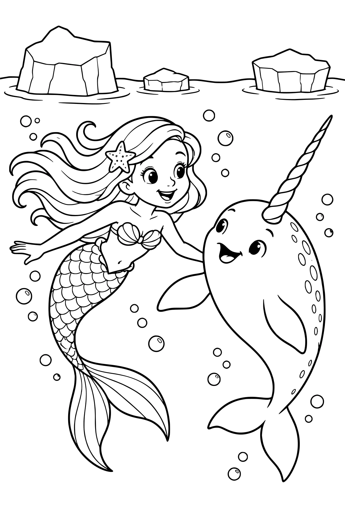 Mermaid with flowing hair and a scaled tail swimming beside a spotted narwhal with a spiral horn, with bubbles and floating ice nearby.