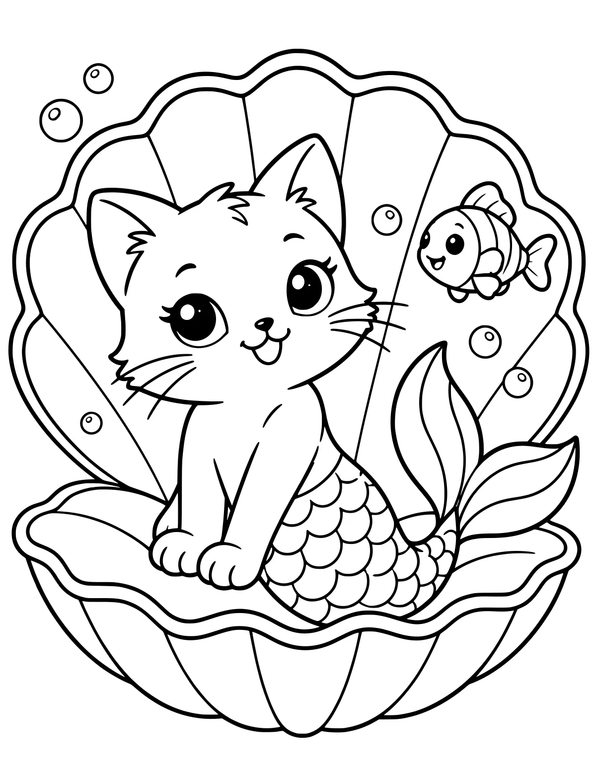 Wide-eyed cat with a scaled mermaid tail sitting in an open scallop shell, with large tail fins, bubbles, and a small fish nearby.