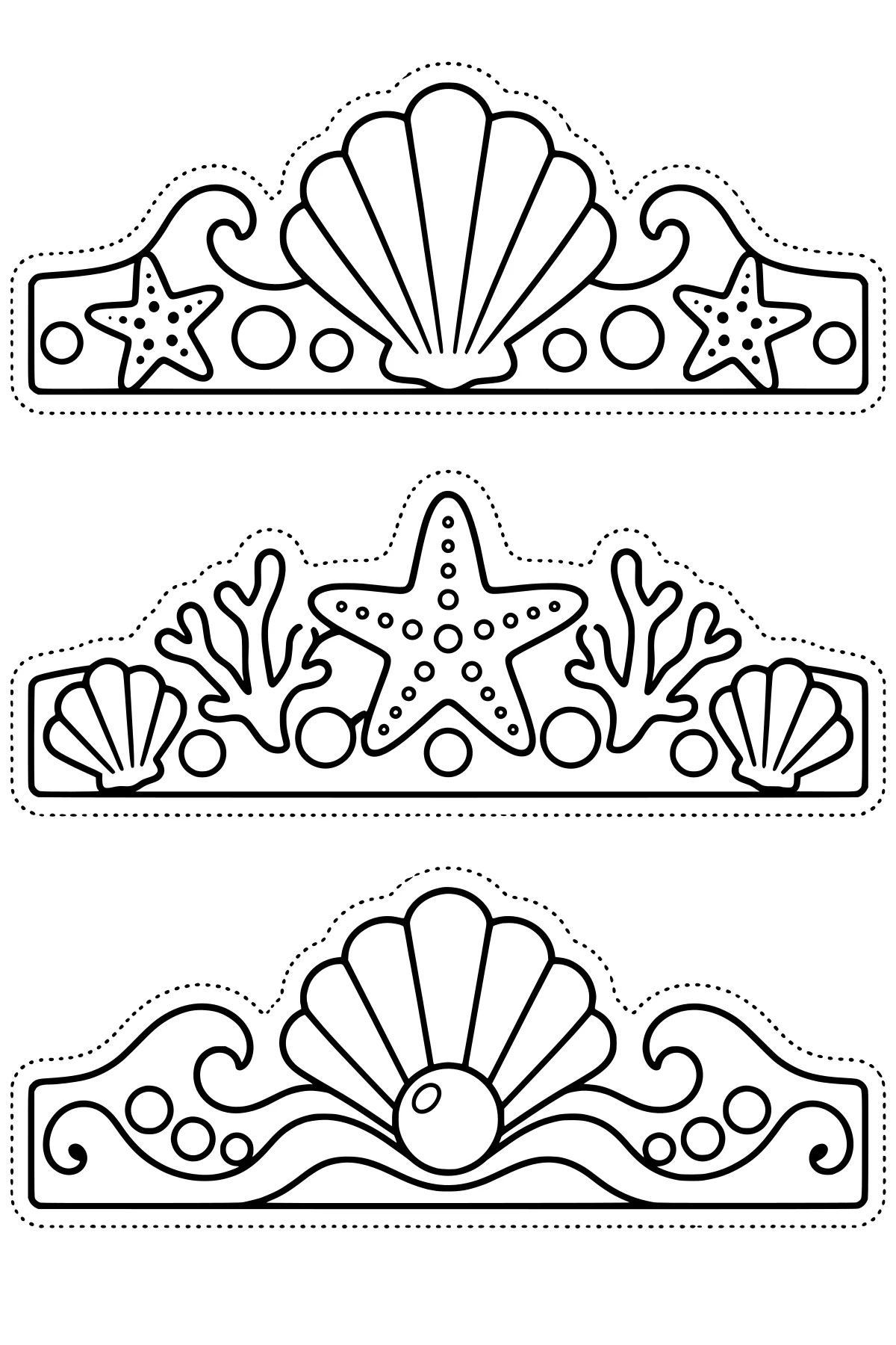 Black-and-white line art of sea-themed crowns decorated with scallop shells, starfish, coral branches, waves, round ornaments, and dotted cutting guides.