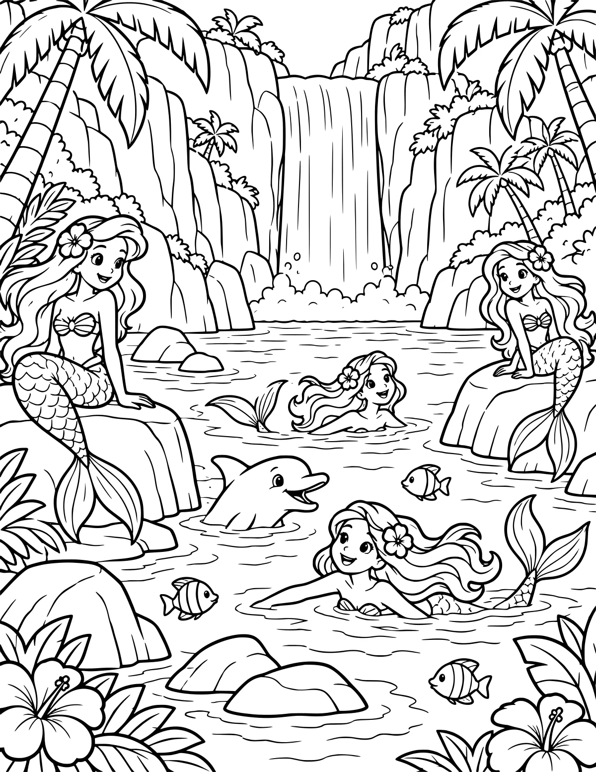 Mermaids swimming and resting in a tropical lagoon with a dolphin, fish, rocks, palm trees, flowers, cliffs, and a tall waterfall.