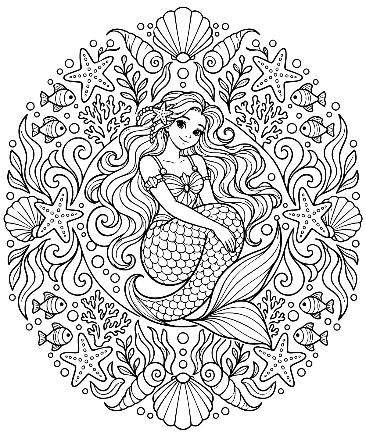 Mermaid with flowing hair and a scaled tail amid fish, starfish, shells, coral, leafy fronds, bubbles, and curling underwater motifs.