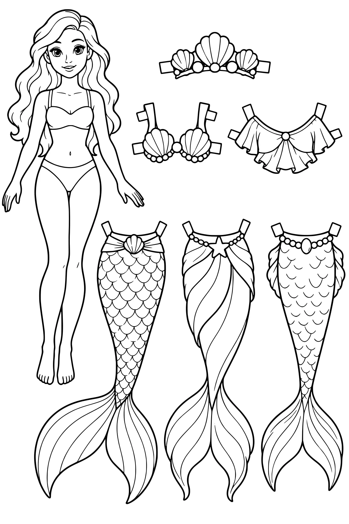 Long-haired paper doll beside shell headwear and tops, a ruffled cape, and mermaid tails with scales, wrapped panels, broad fins, and fastening tabs.