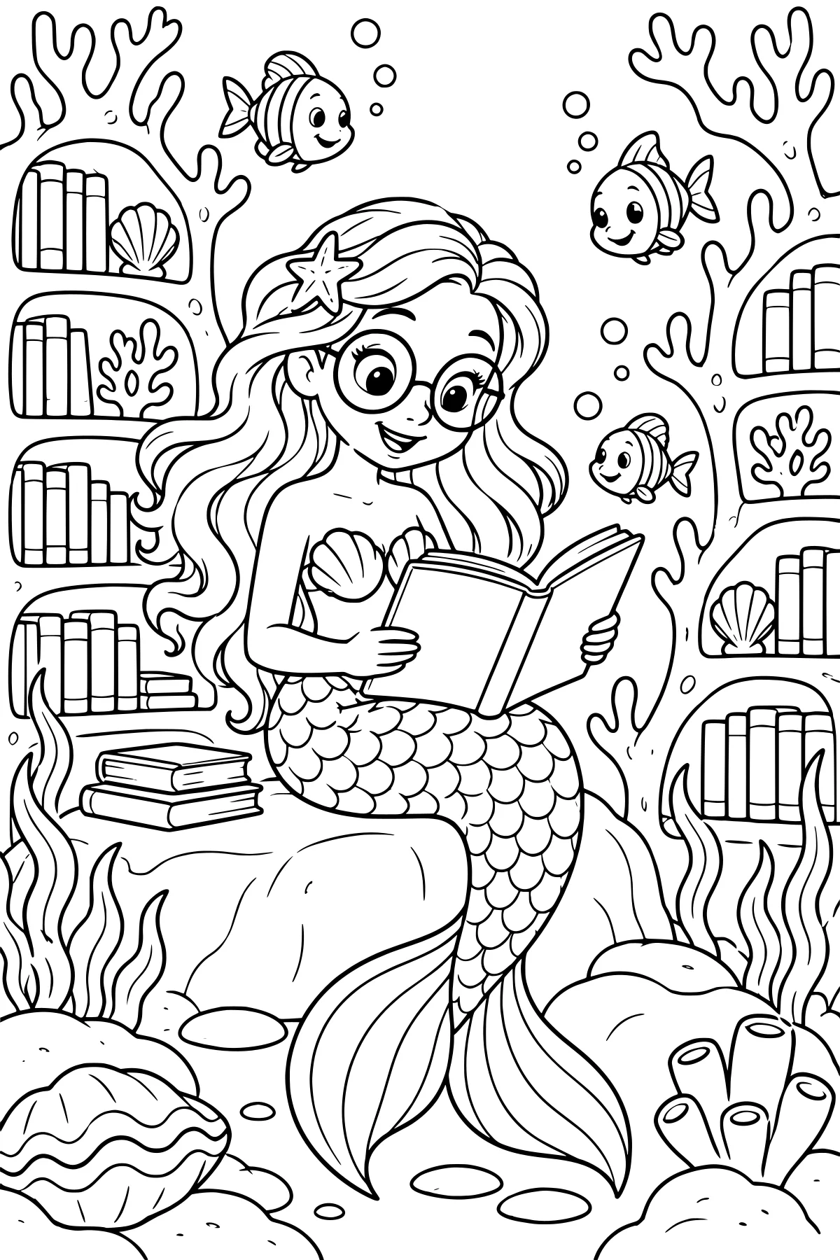 Mermaid with glasses reading an open book on a rock, surrounded by fish, bubbles, seaweed, shells, coral, and books arranged in underwater wall shelves.