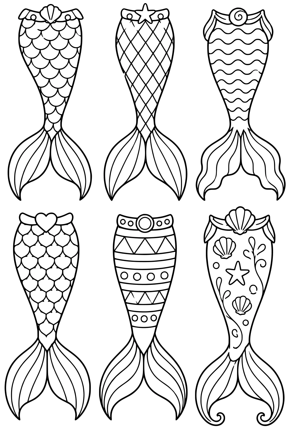 Six decorative mermaid tails with scales, waves, diamonds, shells, a starfish, circles, geometric bands, and flowing fins arranged in a grid.