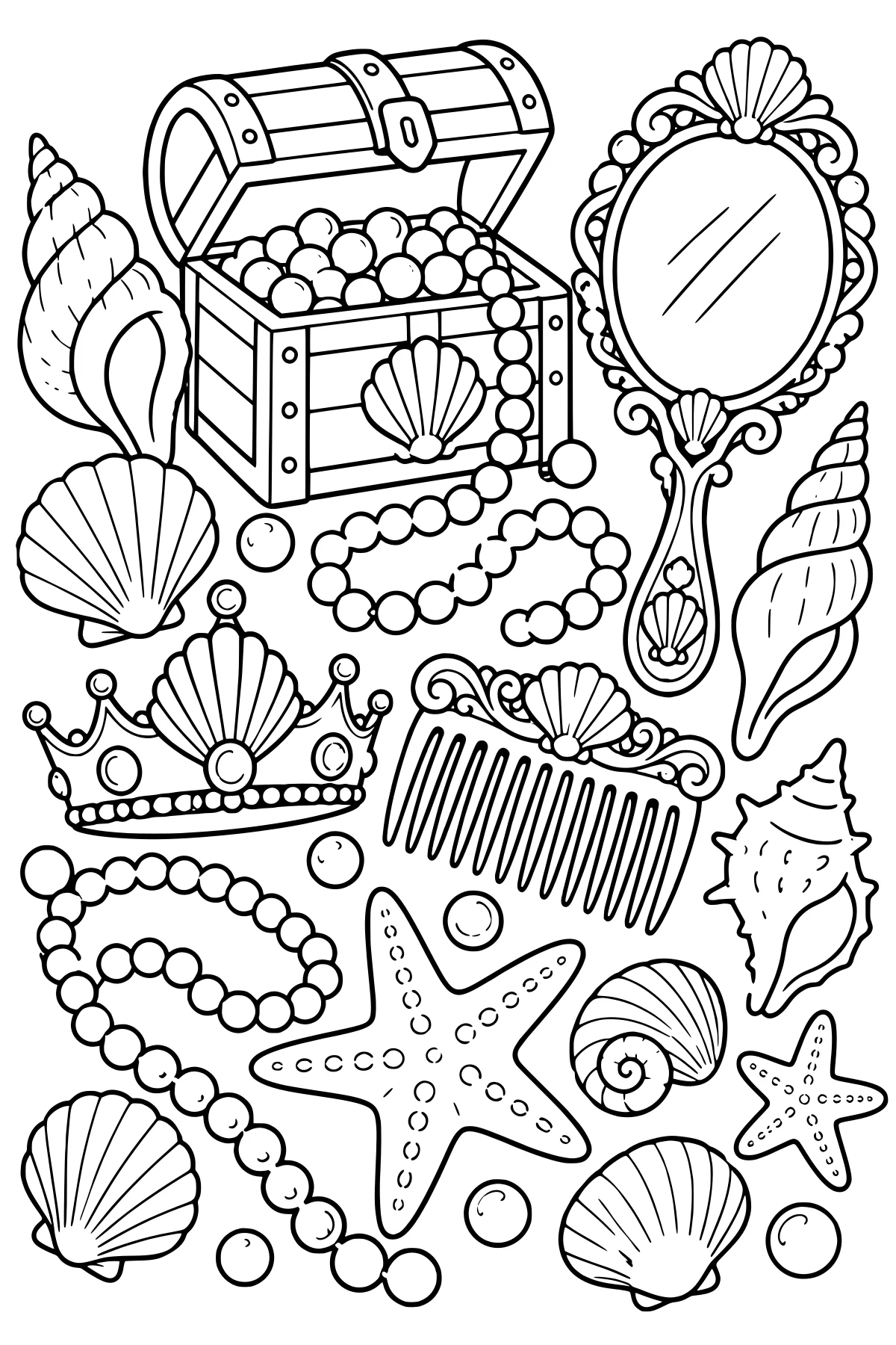 Open pearl-filled treasure chest surrounded by a crown, ornate mirror, comb, necklaces, seashells, starfish, and round gems.