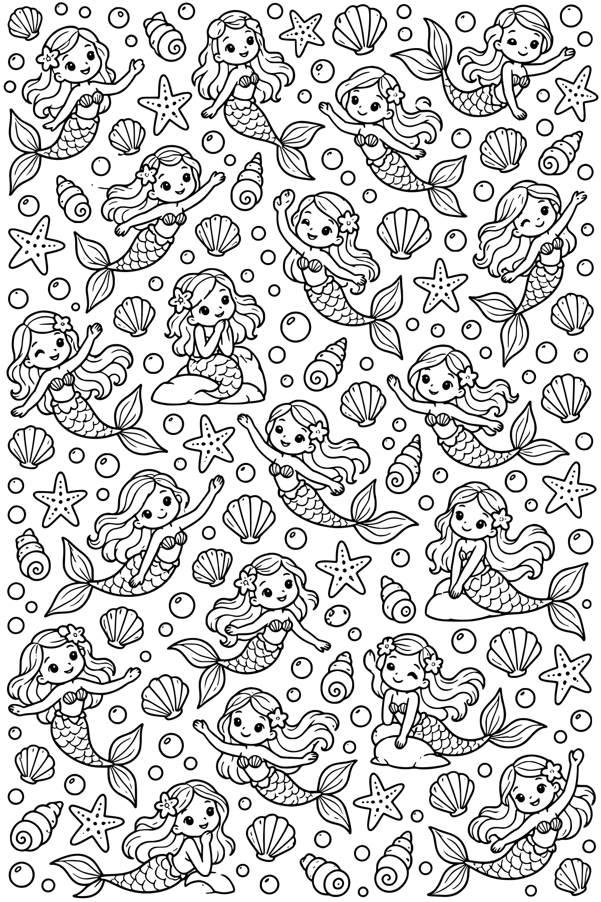 Black-and-white line art of mermaids in varied poses among scallop and spiral shells, starfish, bubbles, flowers, and small rocks.
