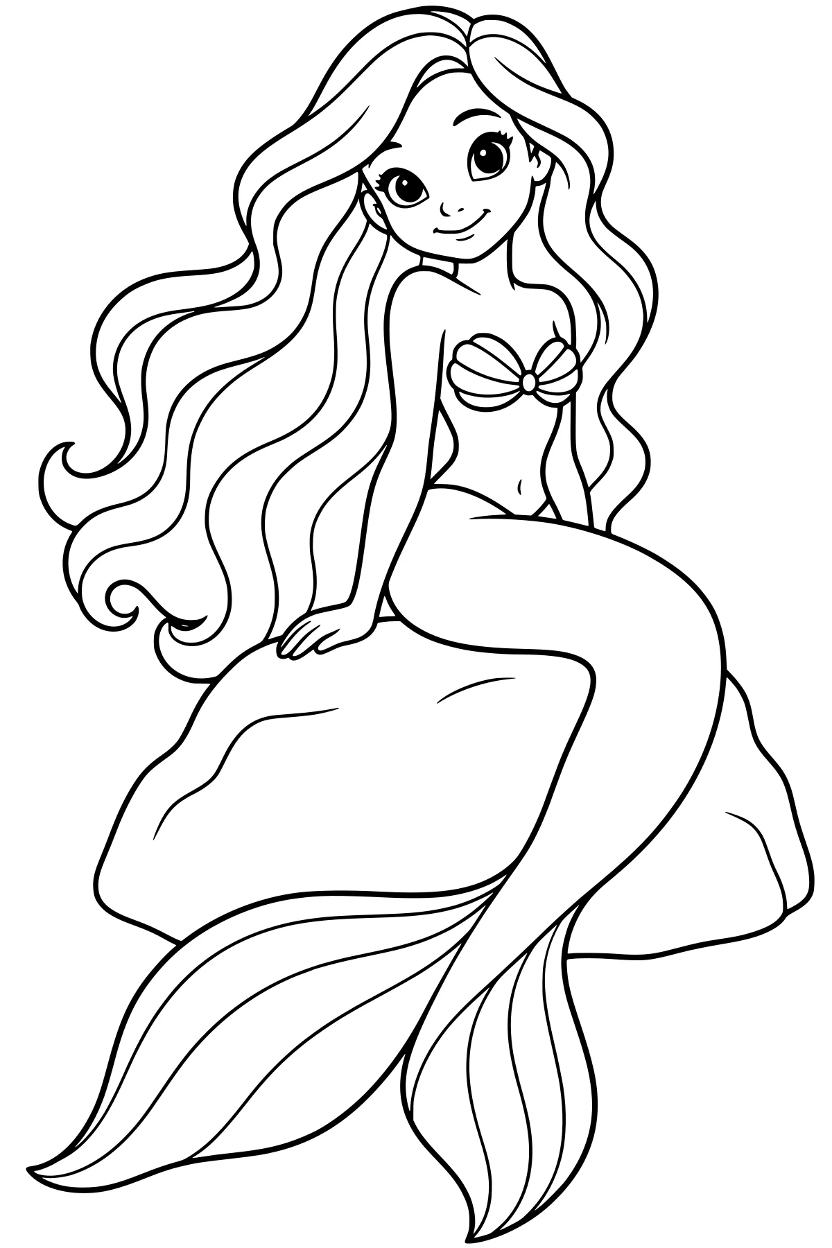 Mermaid with flowing hair and a shell-shaped top sitting on a rock, with a long curved tail and divided fin.