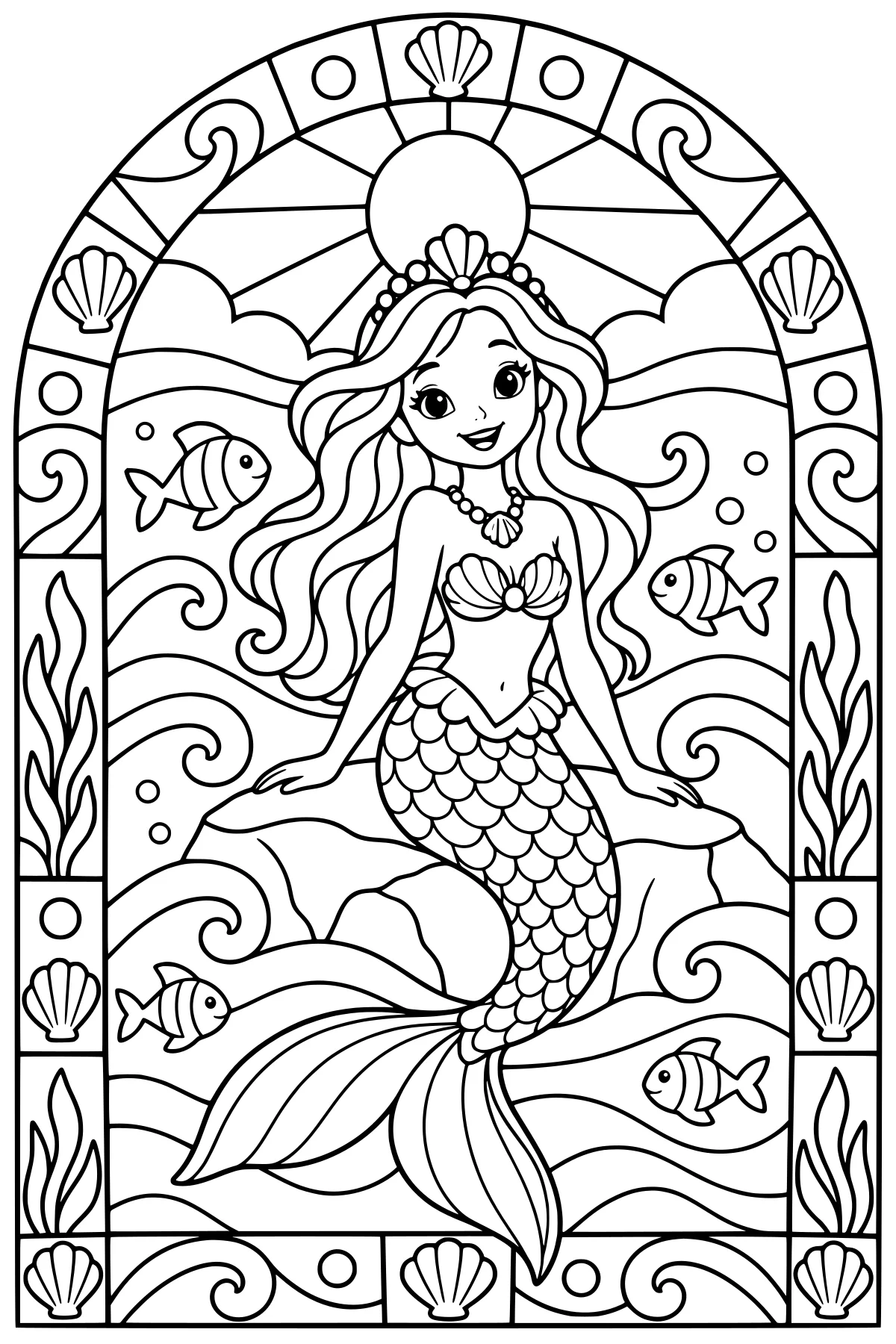 Mermaid with long flowing hair and a scaled tail sitting on a rock amid fish, bubbles, waves, seaweed, shells, and an arched stained-glass frame.