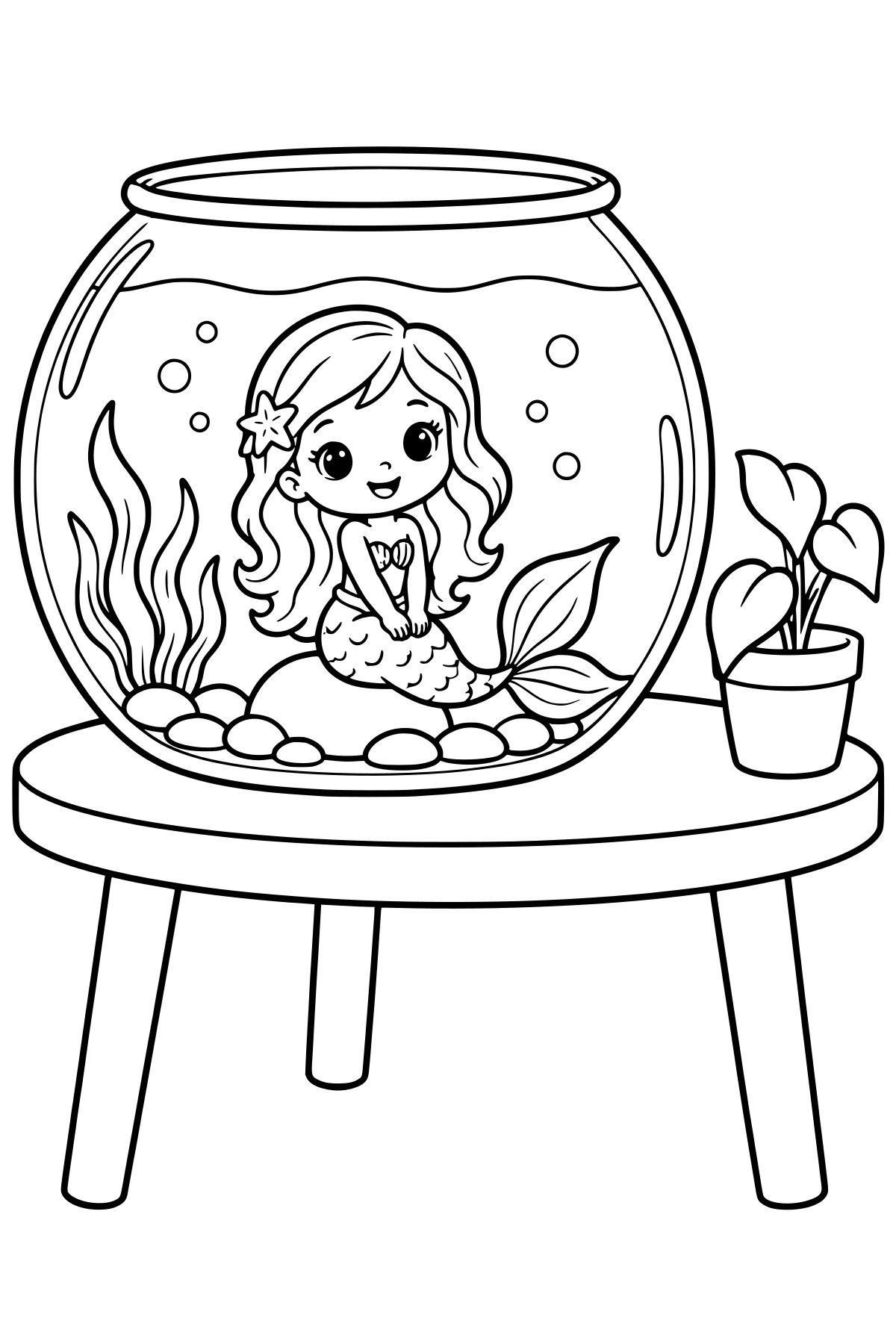 Tiny mermaid with flowing hair and a flower accessory sitting among pebbles, bubbles, and aquatic leaves in a fishbowl on a table beside a potted plant.