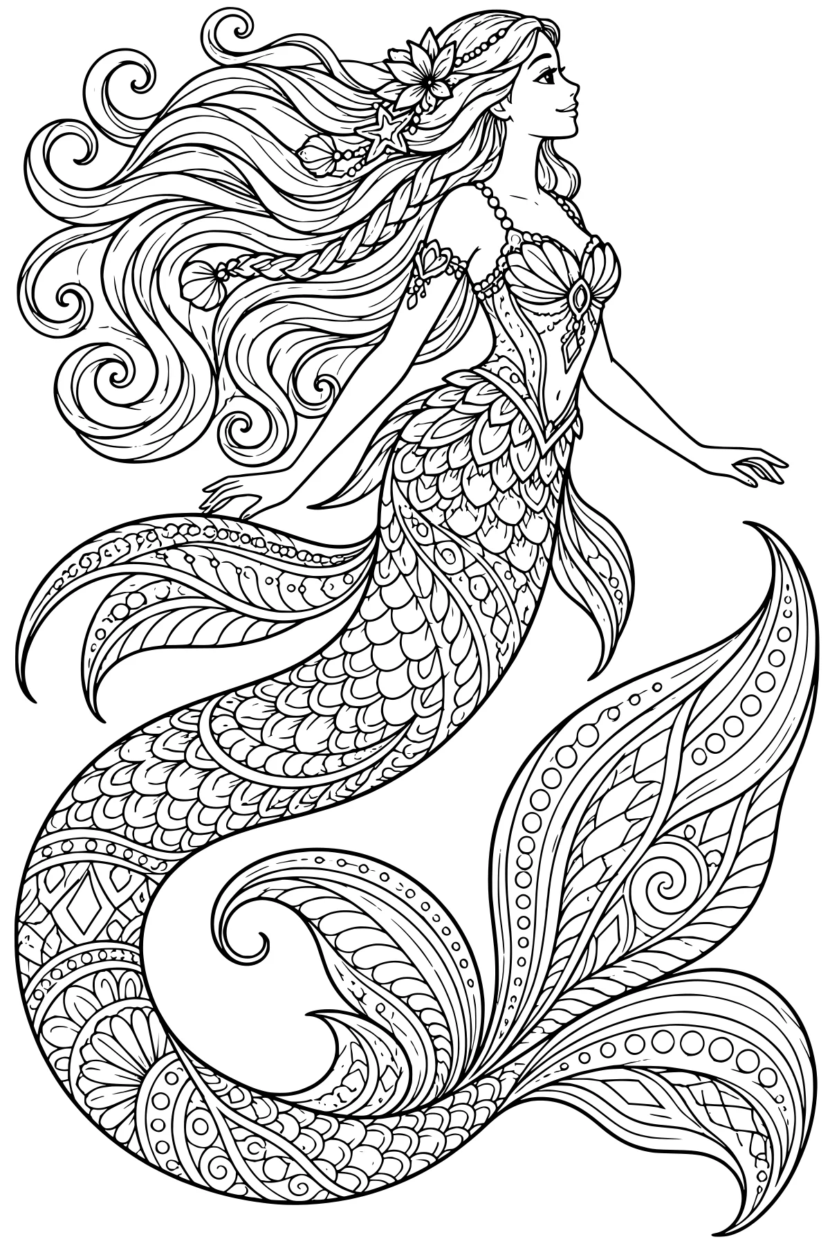 Mermaid with flowing hair, floral accessories, a shell bodice, layered tail scales, and large patterned fins filled with spirals and decorative details.