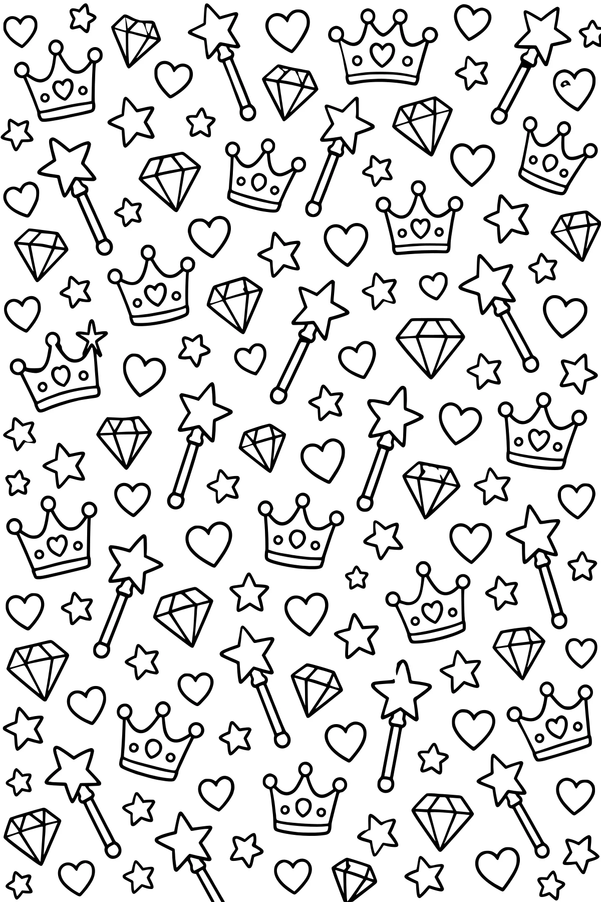 Repeating line-art pattern of jeweled crowns, star-tipped wands, faceted gems, hearts, and stars.