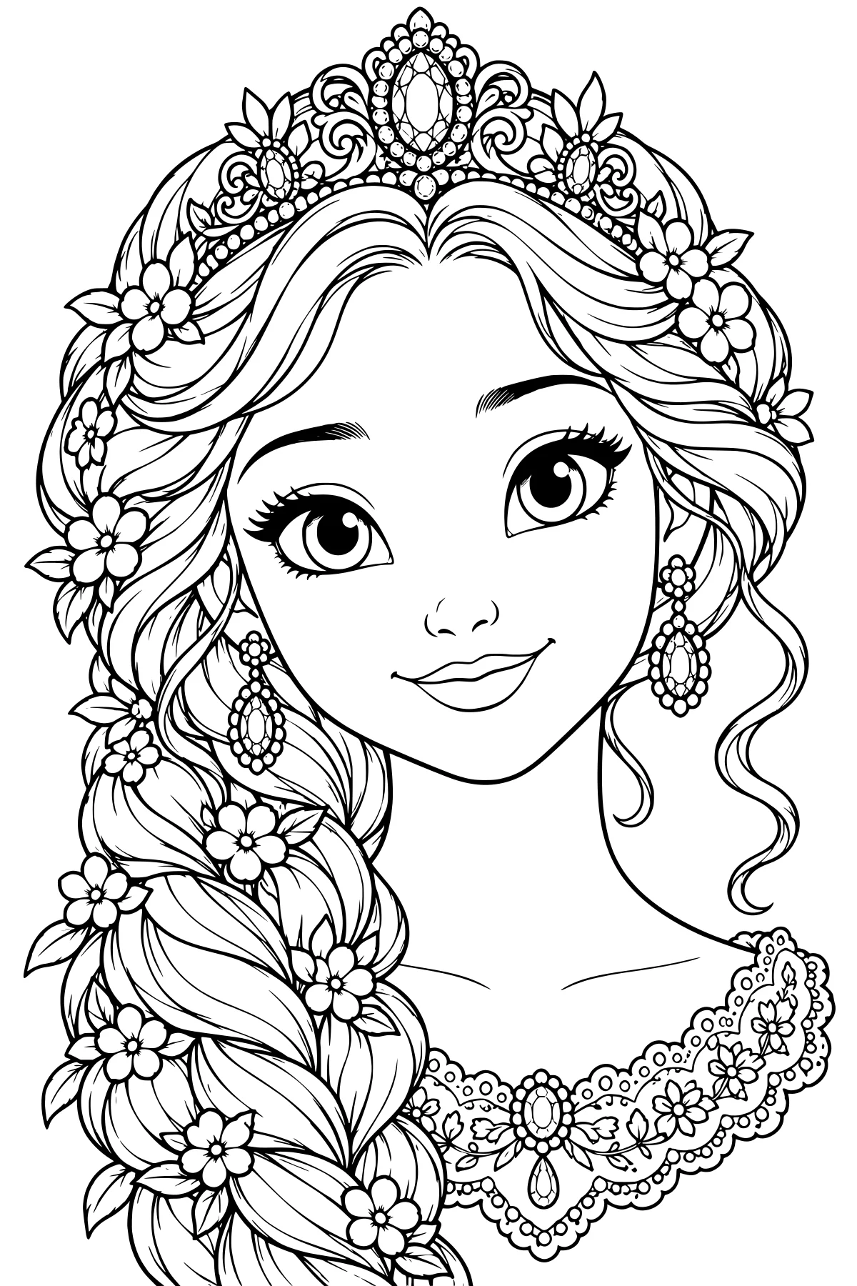 Close-up portrait of a princess with a jeweled crown, floral braid, dangling earrings, flowing curls, and an ornate lace-edged necklace.