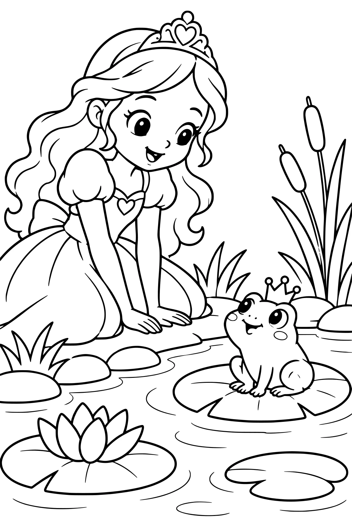 Crowned princess kneeling beside a pond with a crowned frog on a lily pad, surrounded by reeds, stones, and a water lily.