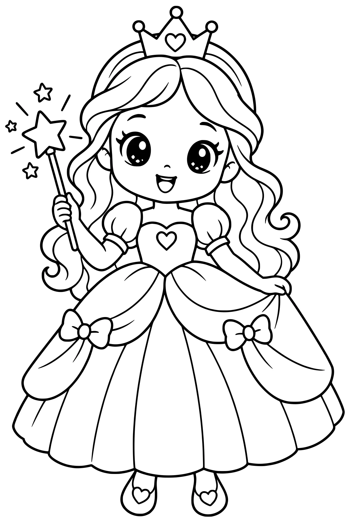 Crowned princess holding a star wand, with long wavy hair, a full decorated gown, bows, heart details, and small stars.