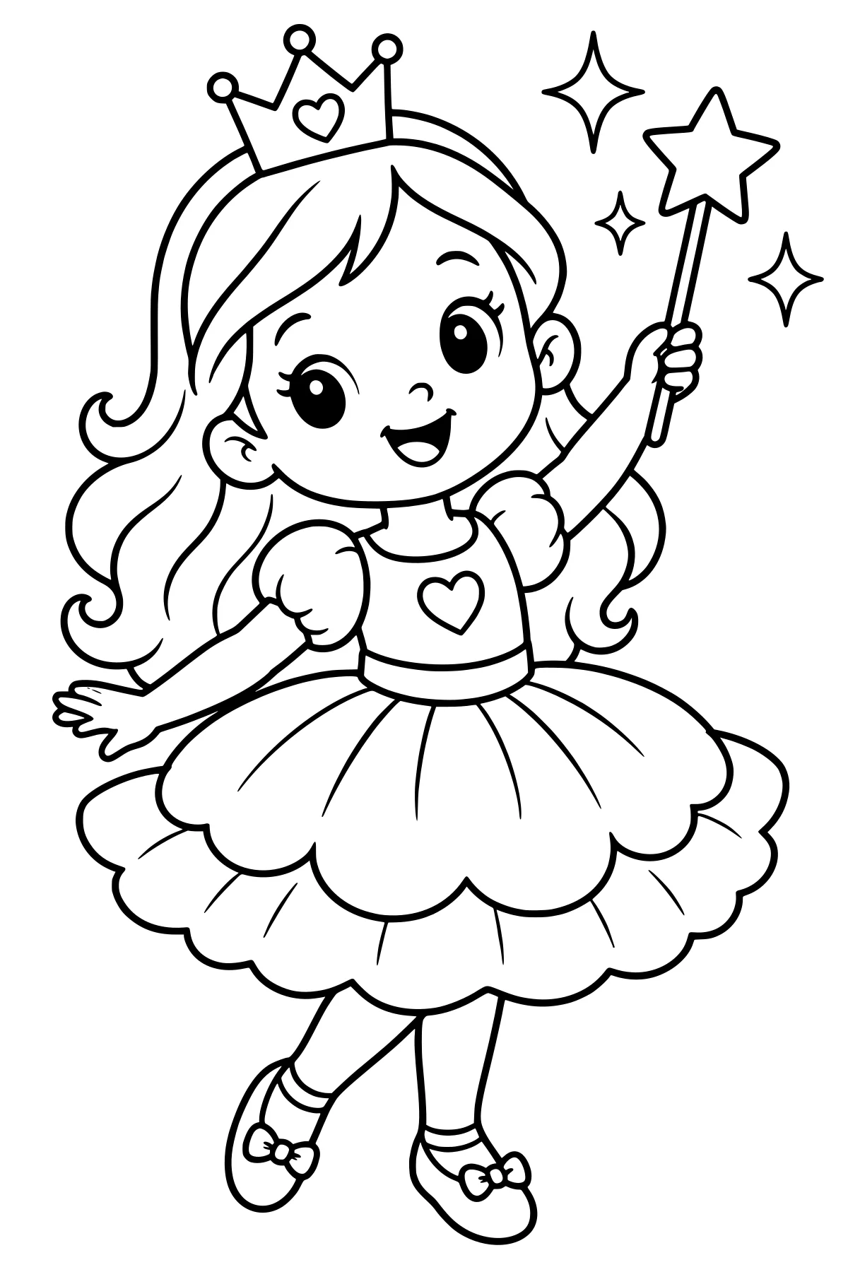 Crowned princess holding a star-tipped wand, wearing a heart-decorated dress with puff sleeves, a layered scalloped skirt, and bow-topped shoes.