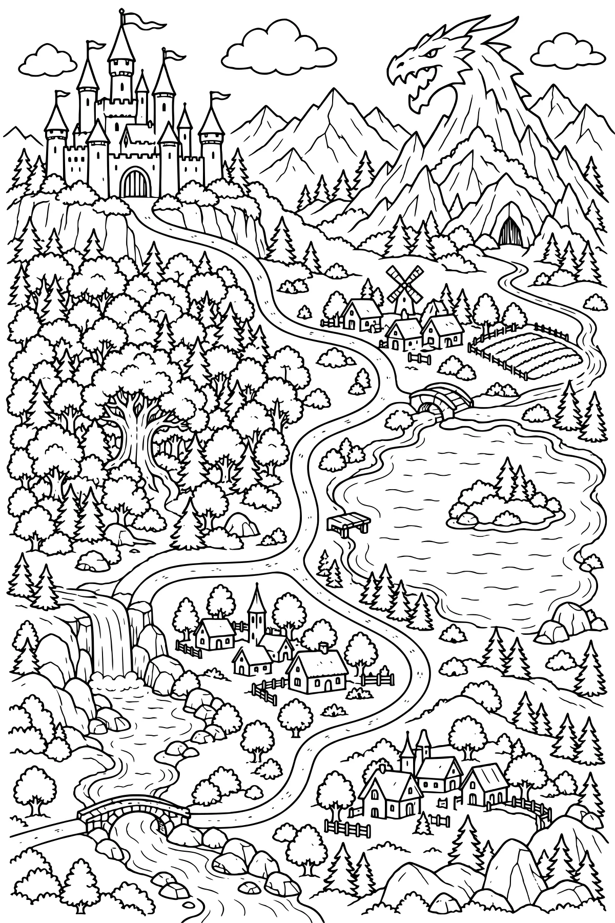 Fantasy kingdom map with a castle, dragon, mountains, villages, forests, winding roads, lake, waterfall, bridges, windmill, and cave.