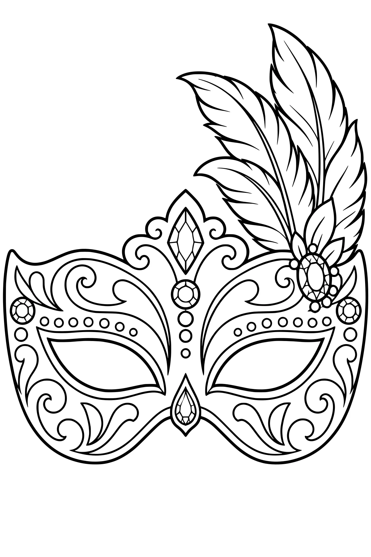 Ornate masquerade mask with almond-shaped eye openings, curling decorations, faceted gems, bead-like details, and tall feather plumes.