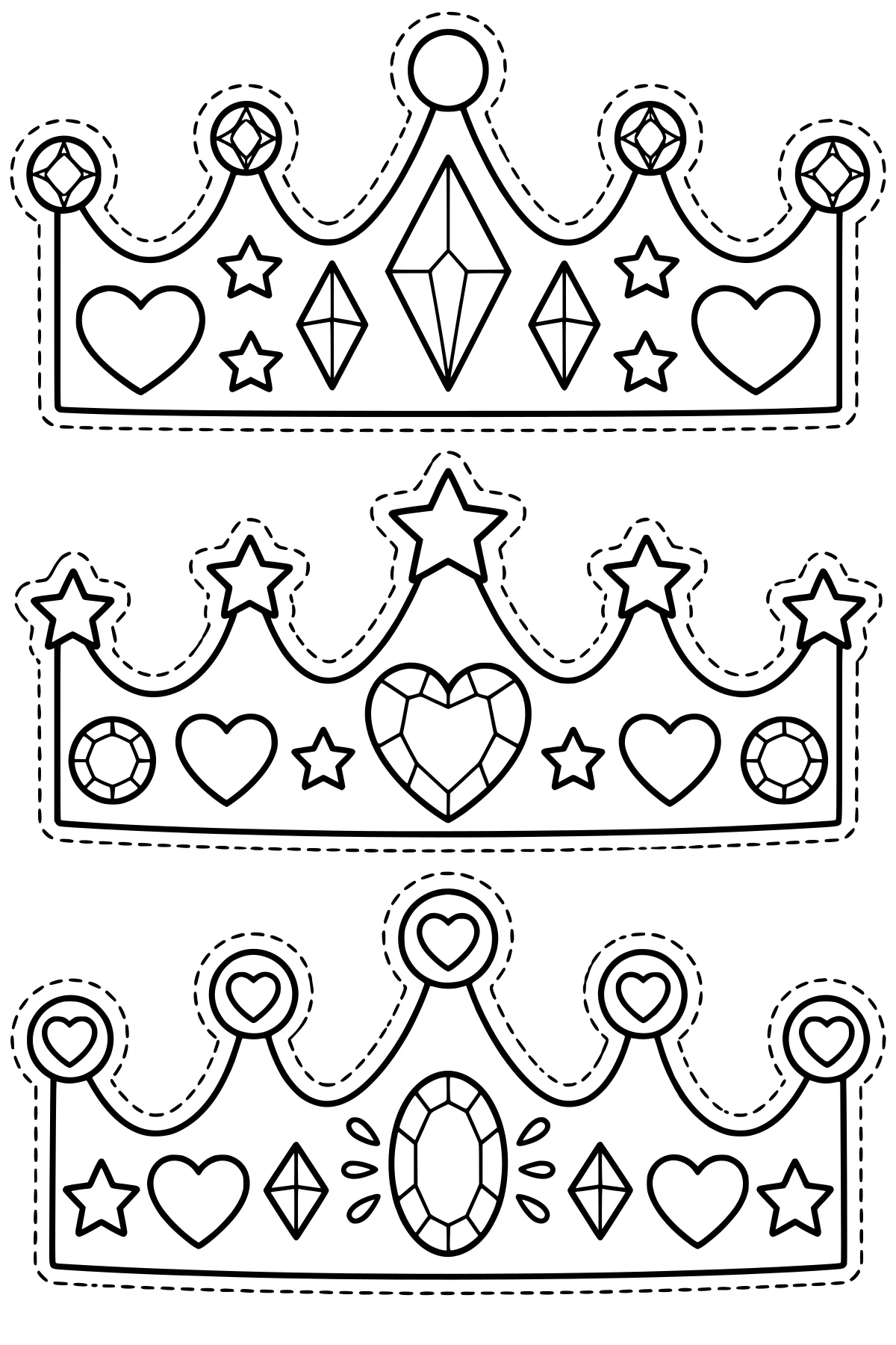 Stacked outline crowns with scalloped peaks, dashed cut lines, hearts, stars, round ornaments, and faceted jewel designs.