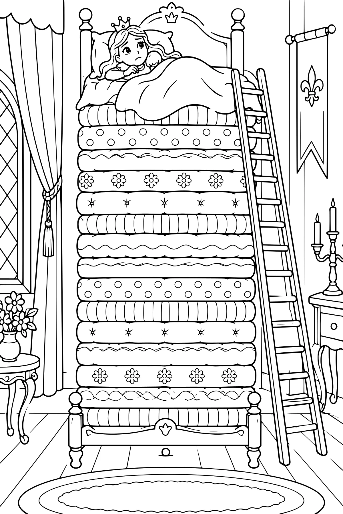 Crowned princess resting atop a tall stack of patterned mattresses, with a ladder beside the bed and a tiny pea underneath.