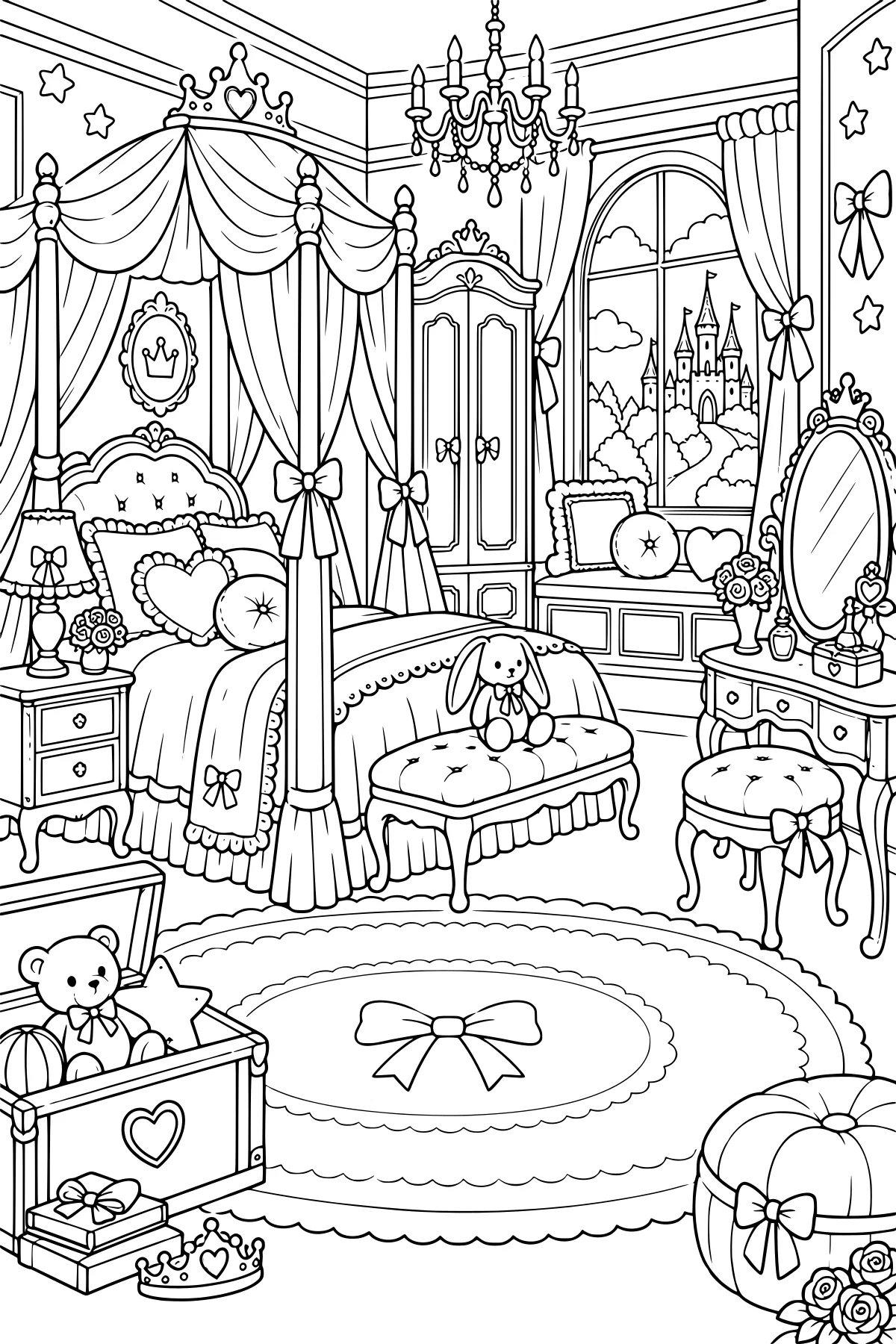 Ornate bedroom with a canopy bed, chandelier, wardrobe, vanity, plush toys, bows, crowns, cushioned furniture, and a castle visible through an arched window.
