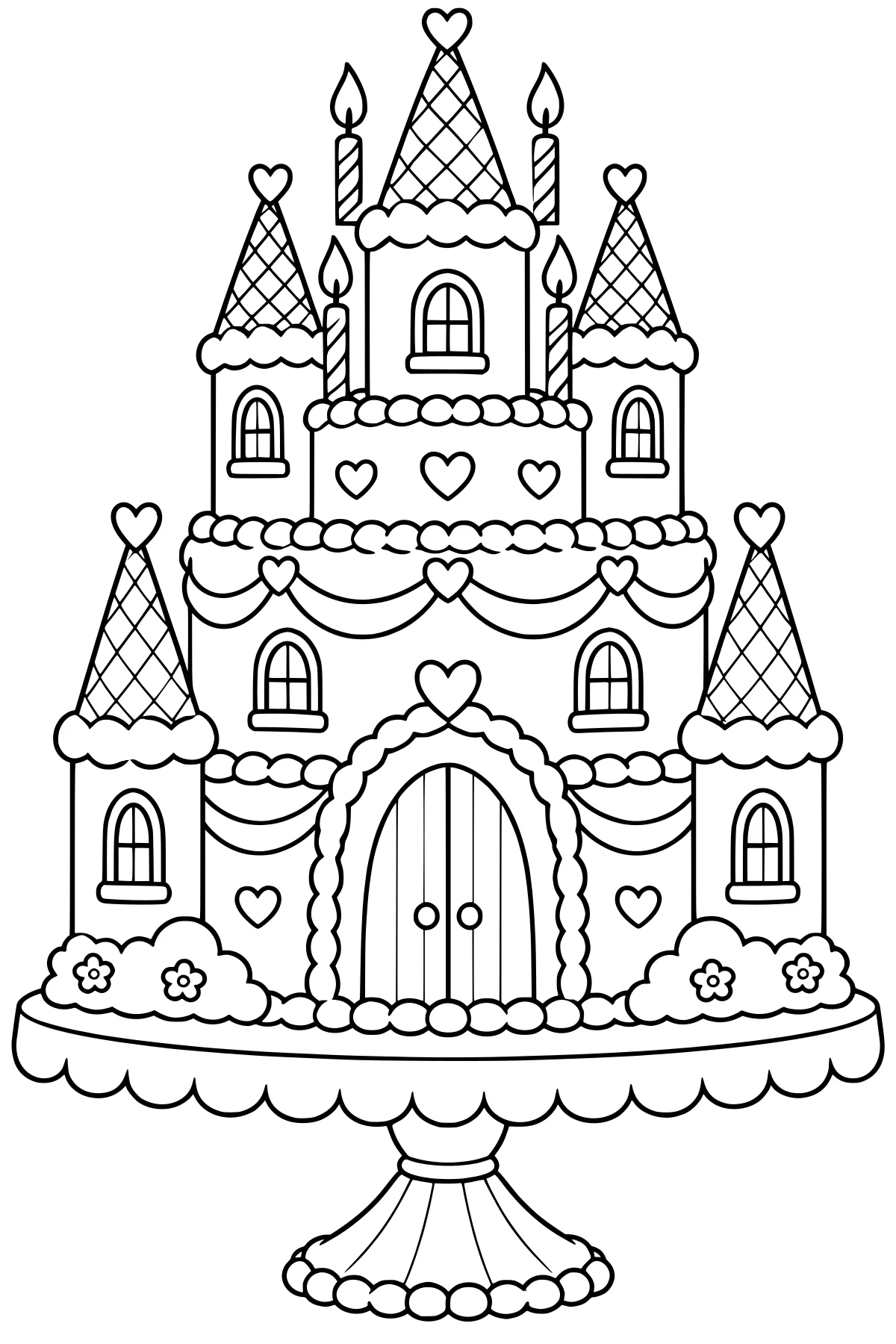Tiered castle-shaped cake with pointed turrets, candles, arched windows, hearts, icing garlands, flowers, a large doorway, and a pedestal stand.