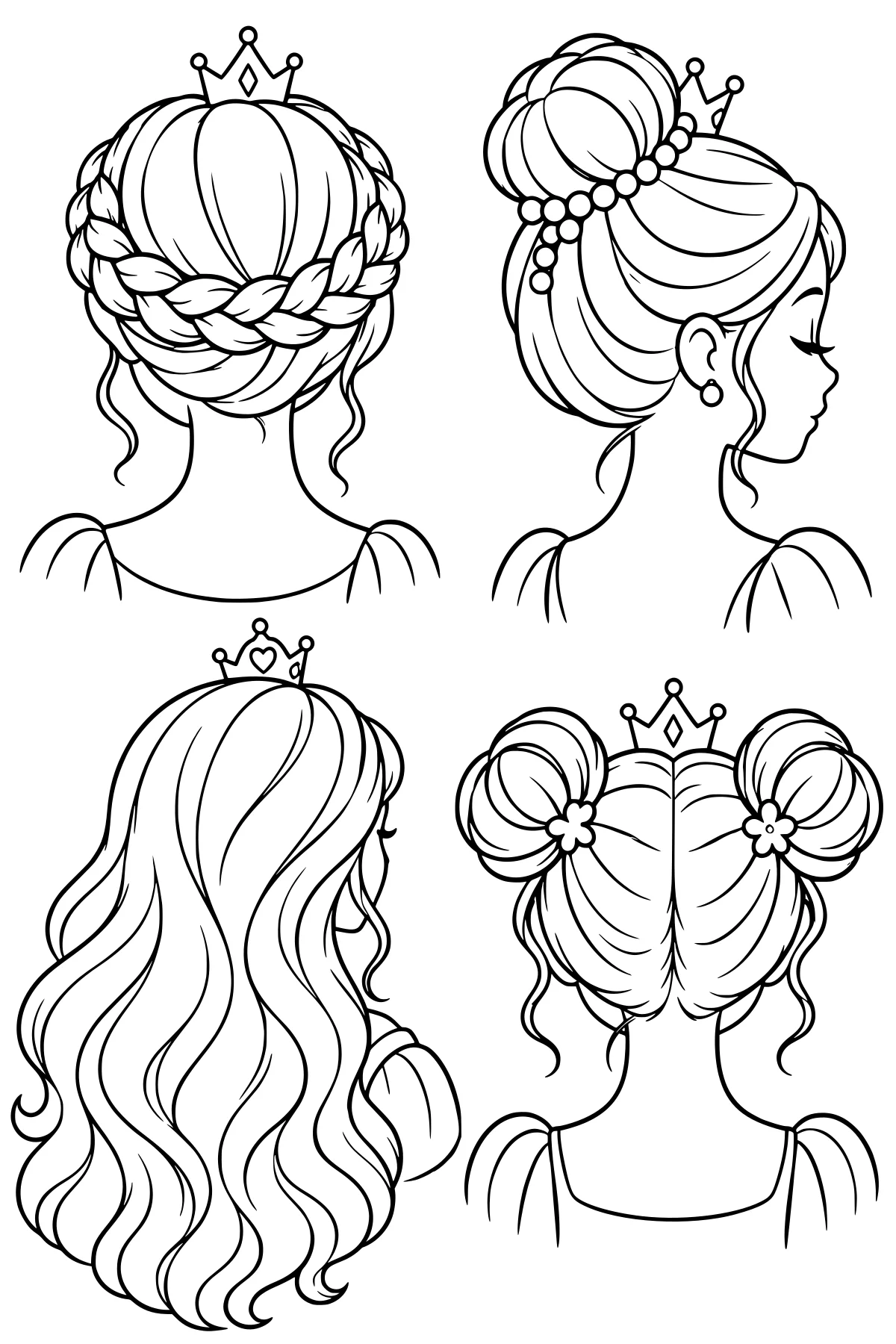 Black-and-white line art of four crowned hairstyle portraits, including braided updos, a high bun with bead-like ornaments, long waves, and side buns with flower clips.