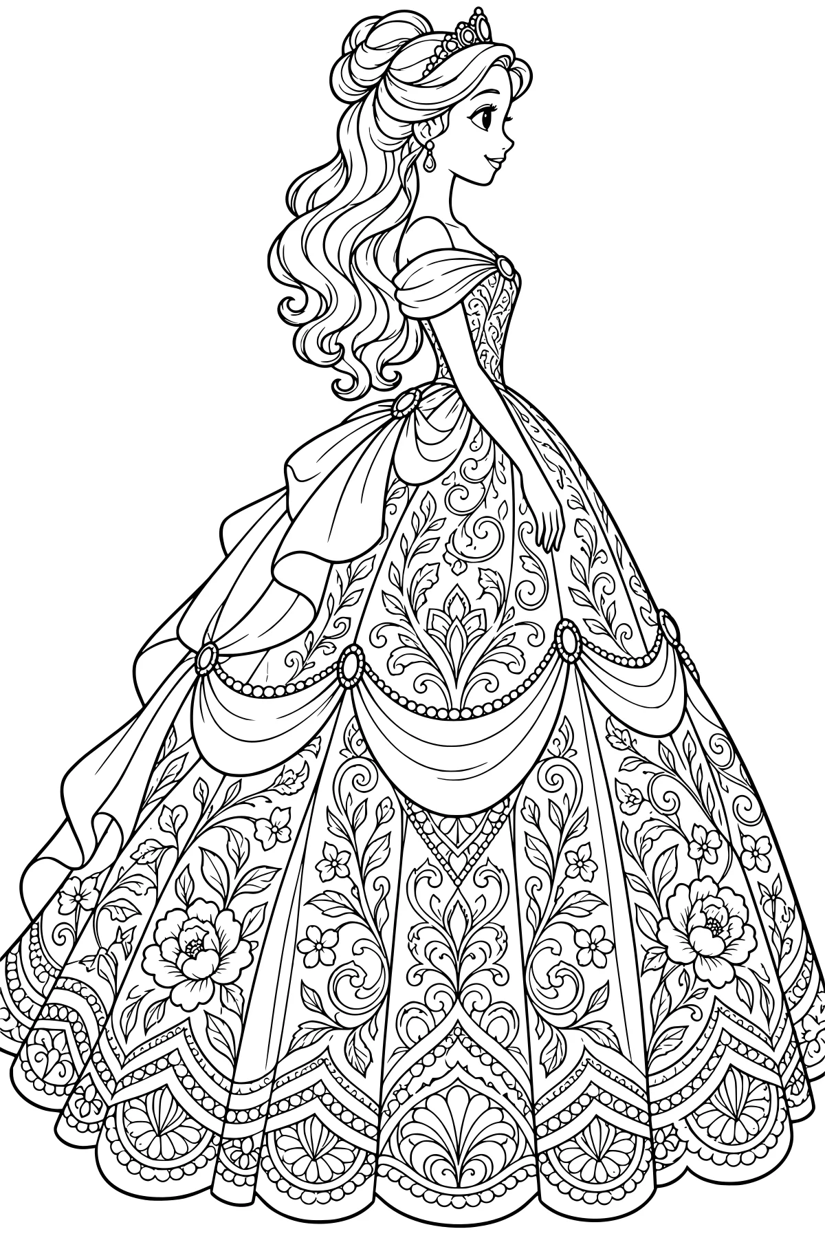 Princess in profile with long wavy hair, a tiara, earrings, and an ornate ball gown decorated with floral patterns, scrollwork, beads, and draped swags.