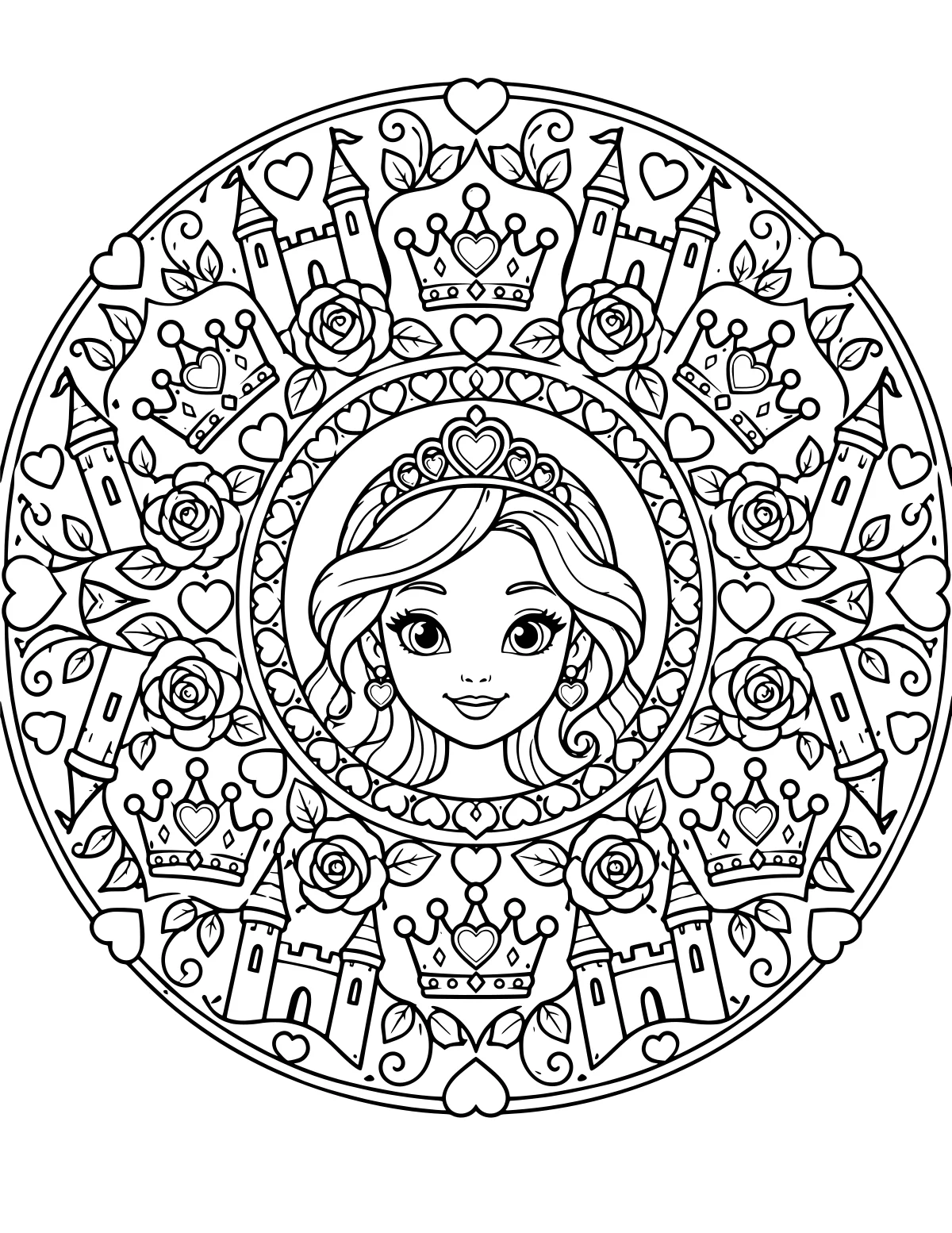 Crowned princess portrait inside a circular design filled with castles, crowns, roses, leaves, hearts, and curling vines.