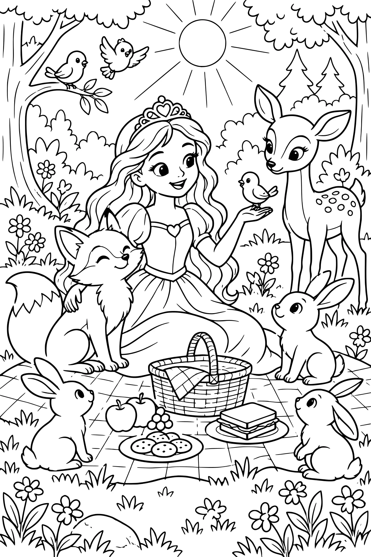 Tiara-wearing princess seated on a picnic blanket with a fox, deer, rabbits, birds, basket, food, flowers, trees, and sun.