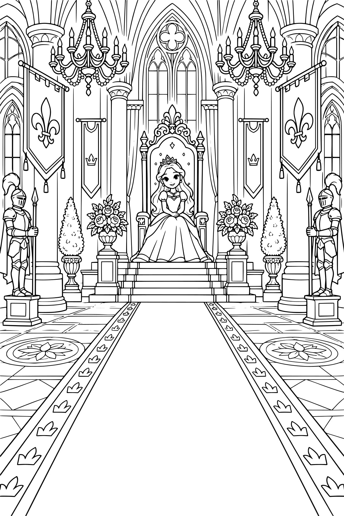 Crowned princess seated on an ornate throne inside a hall with guards, chandeliers, columns, pointed windows, banners, flowers, steps, and a patterned runner.