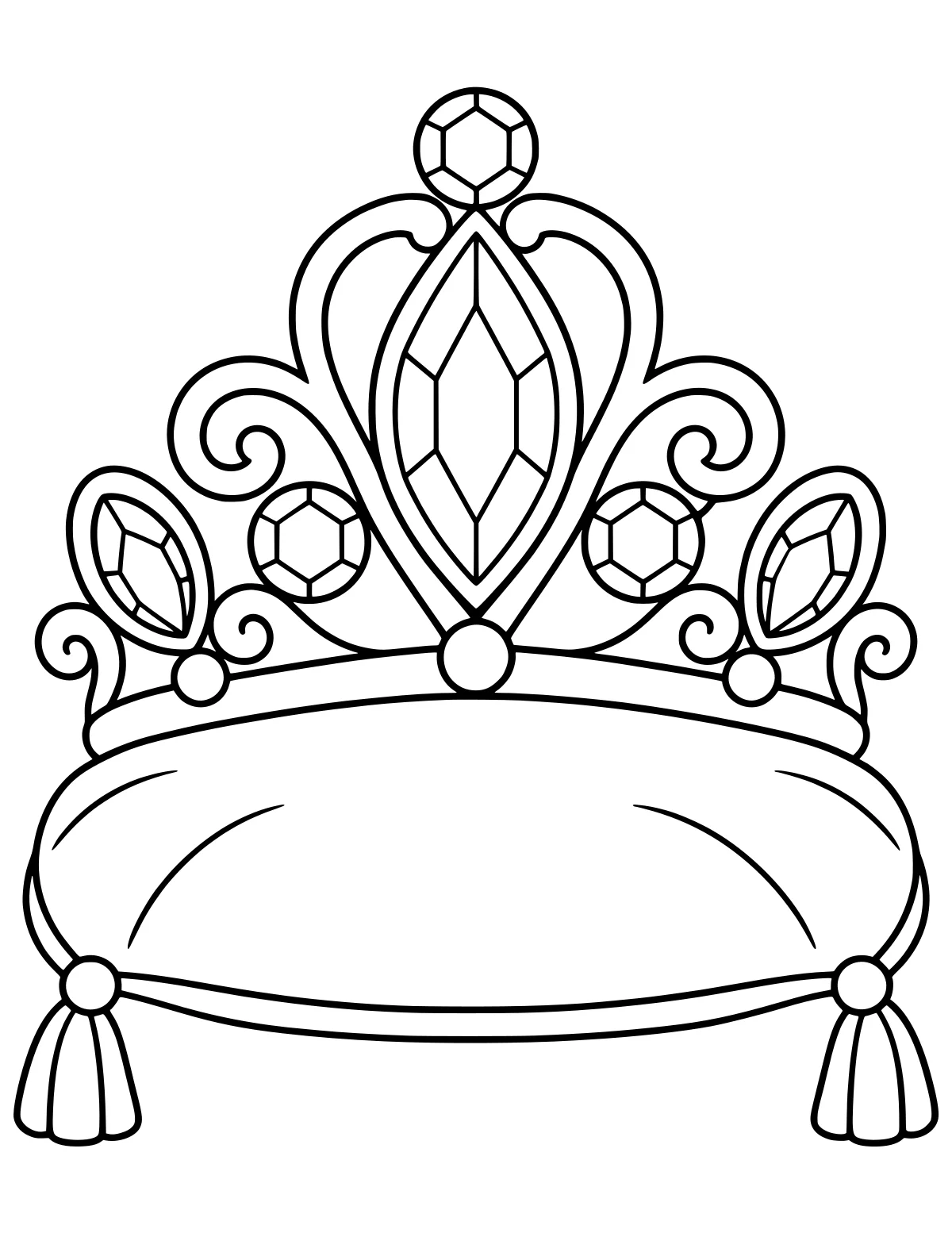 Ornate princess tiara with faceted gemstones and curling scrollwork resting on a tasseled cushion.