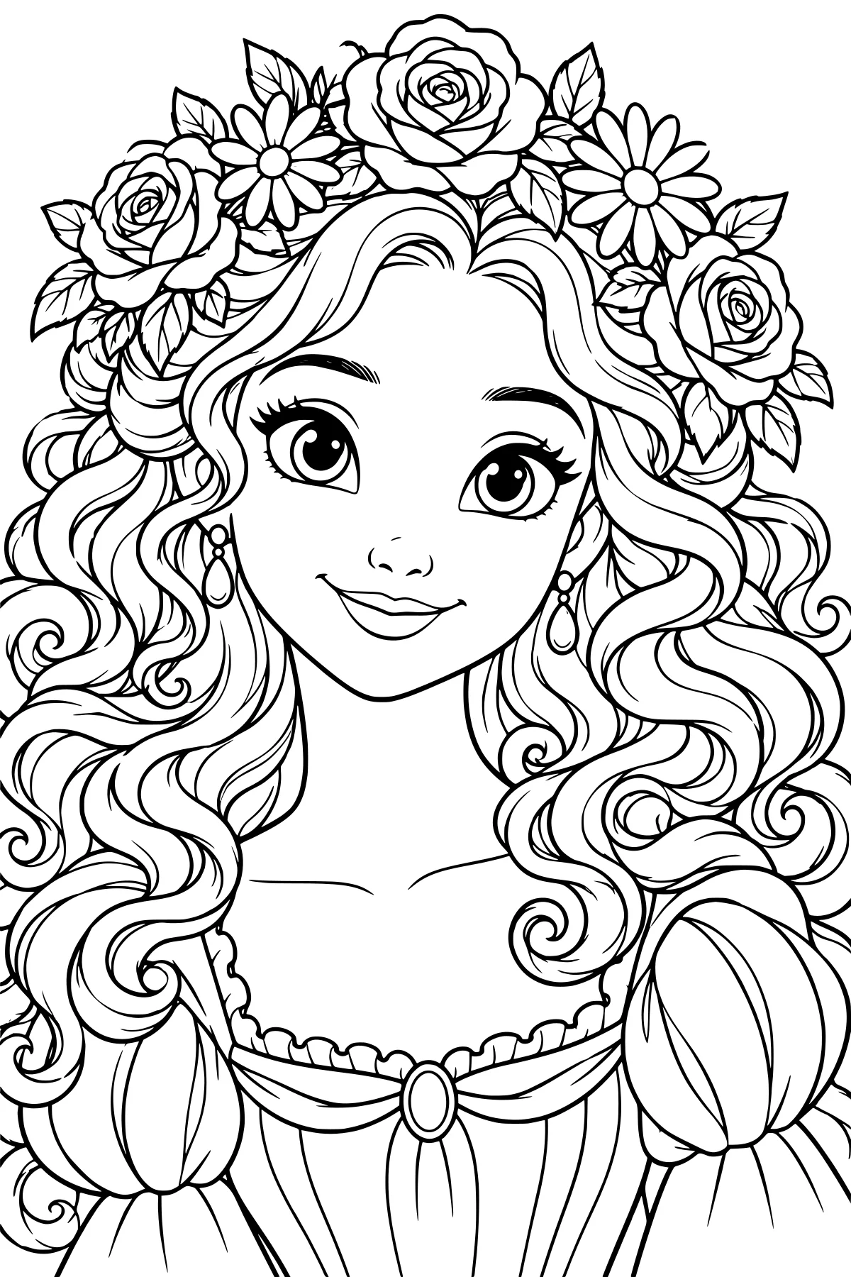 Front-facing woman with long curly hair, a floral crown, drop earrings, puffed sleeves, a ruffled neckline, and an oval brooch